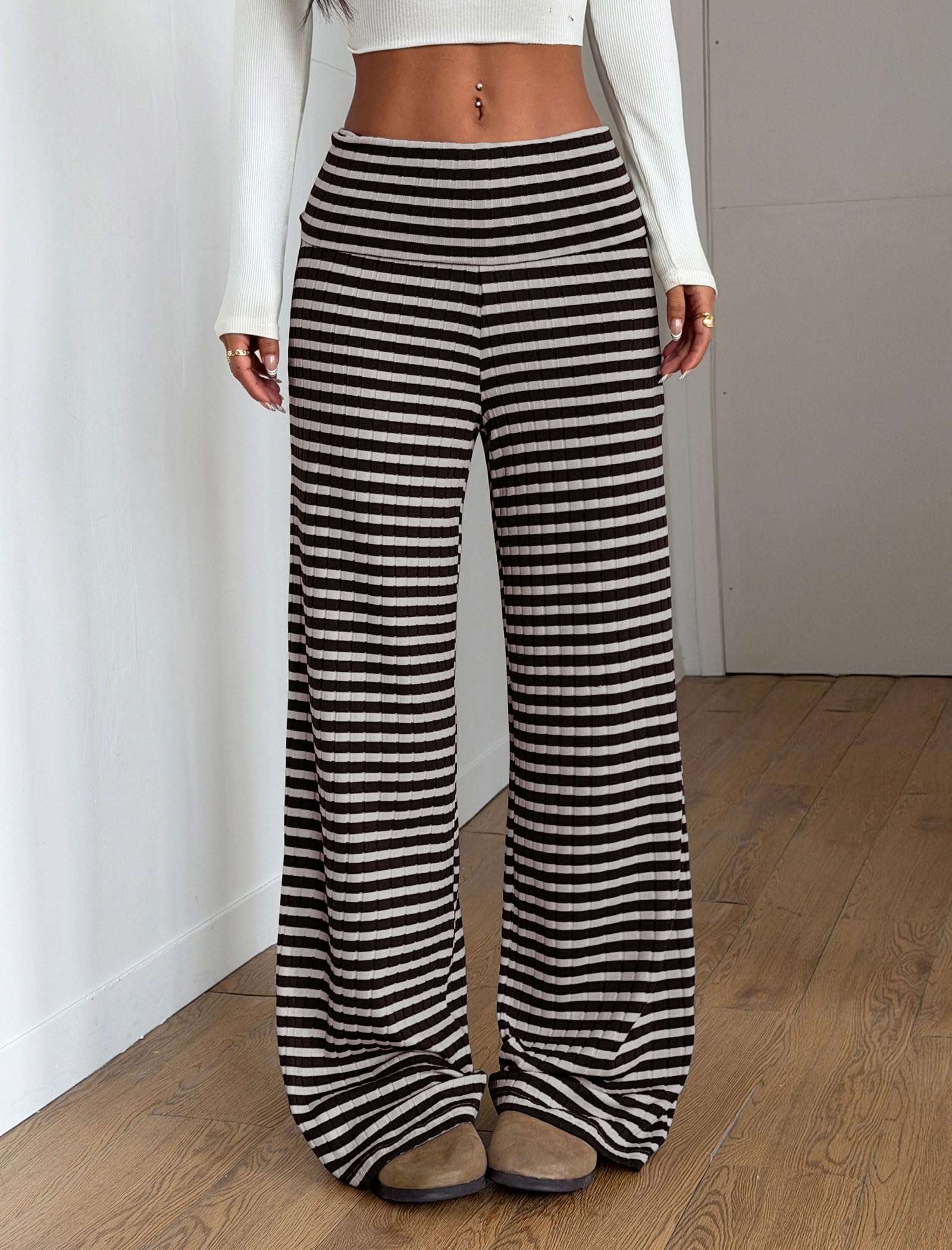 ZAFUL Women's Striped Pants Fold Waist Wide Leg Pants Lounge Pajama Pants