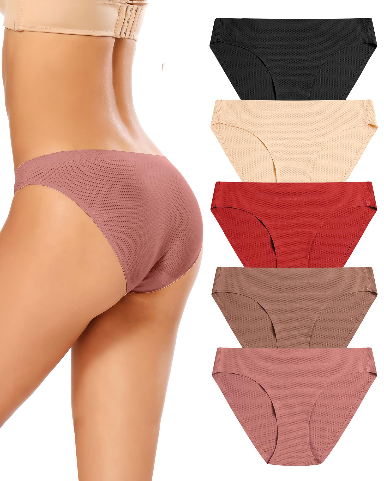 voenxe Women Bikini Underwear,Seamless Breathable Ladies No Show Panties | 5 Pack Invisible Comfortable Briefs,No Seam Soft Woman Mesh Workout Undies,Elastic Comfy Stretch Gym Hipster Panty, Multipack