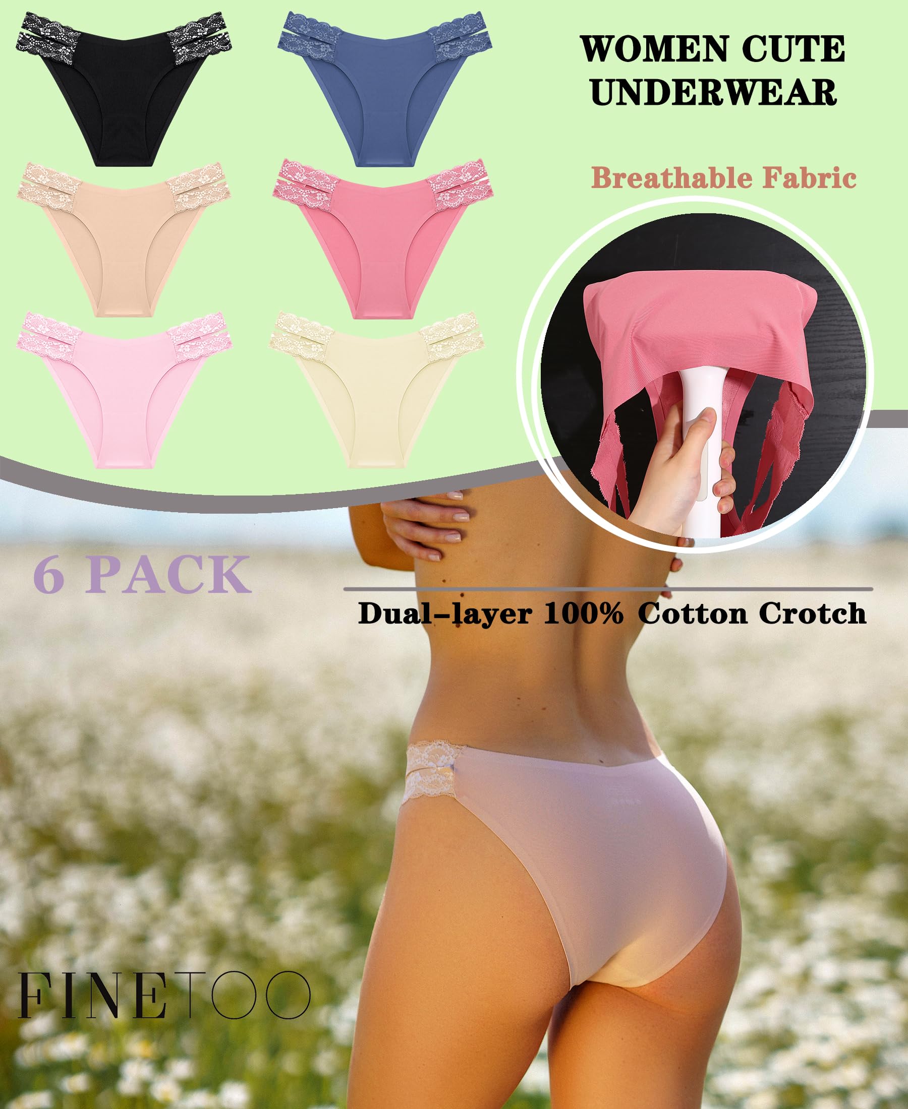 FINETOO Seamless Underwear for Women Cheeky Bikini Panties High Cut V-waist Lace Underwear Women Cute Bikinis 6 Pack