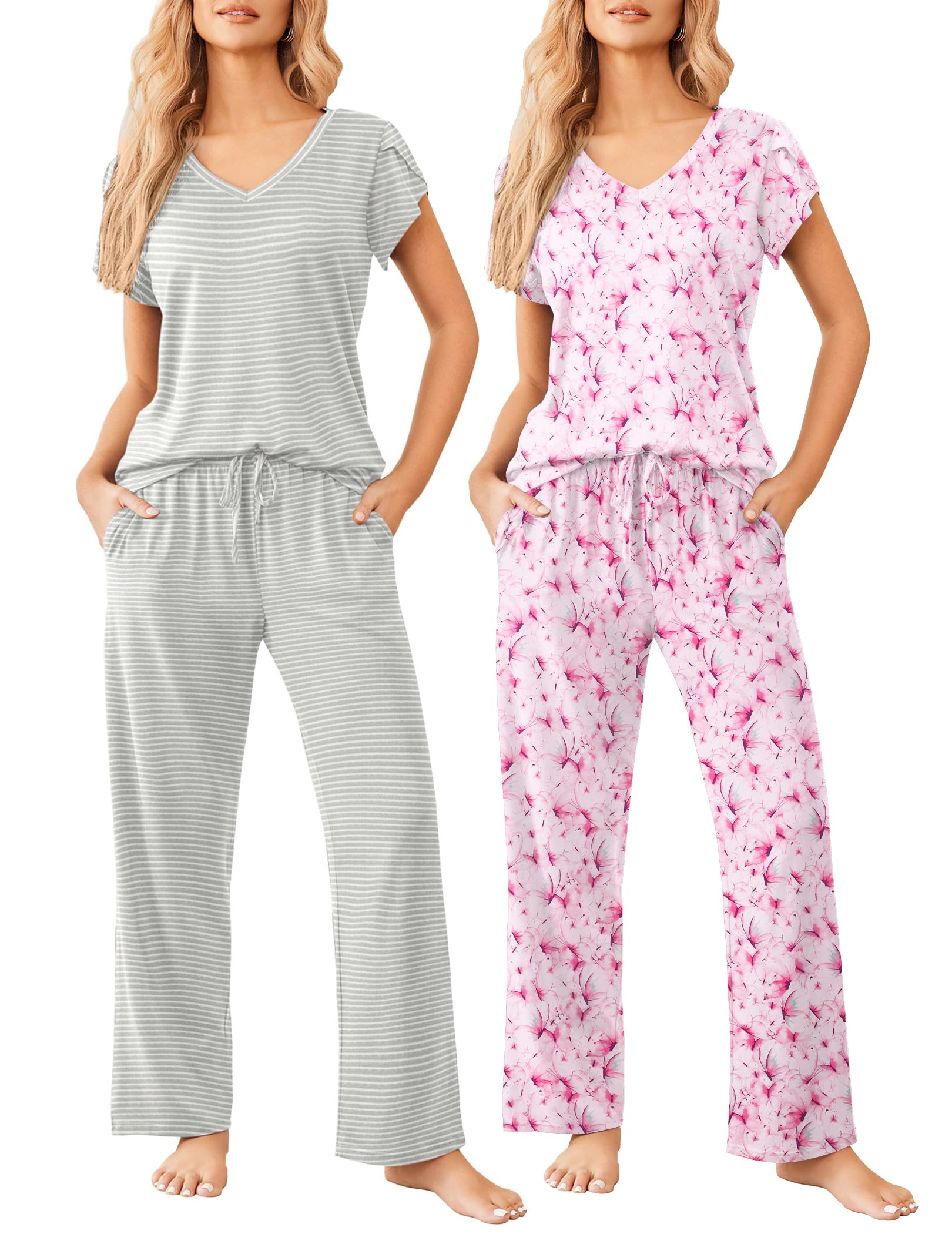 Ekouaer 2 Pack Womens Pajama Set Short Sleeve Sleepwear Soft Pjs Lounge Set
