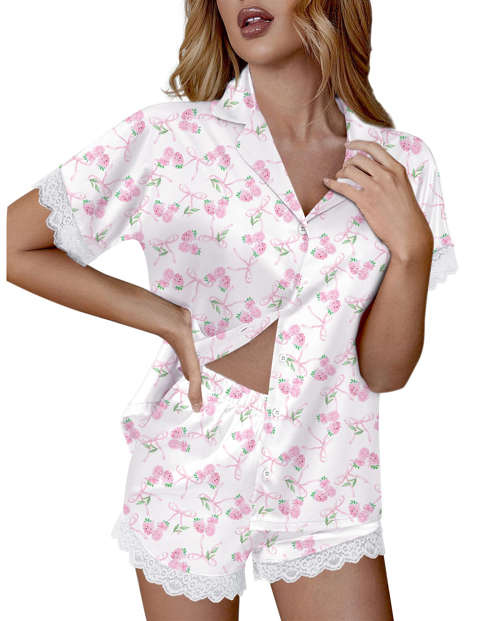 Ekouaer Women Lace Satin Pajama Set Button Down Silk Pjs Shorts Set XS-XXL