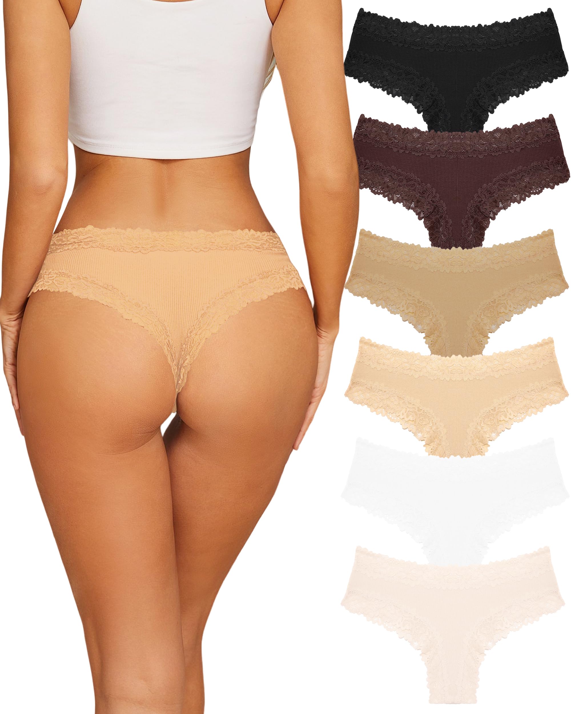 Sth Big Womens Cotton Underwear Sexy Lace Brazilian Panties Soft Breathable Cotton Bikini for Ladies 6 Pack