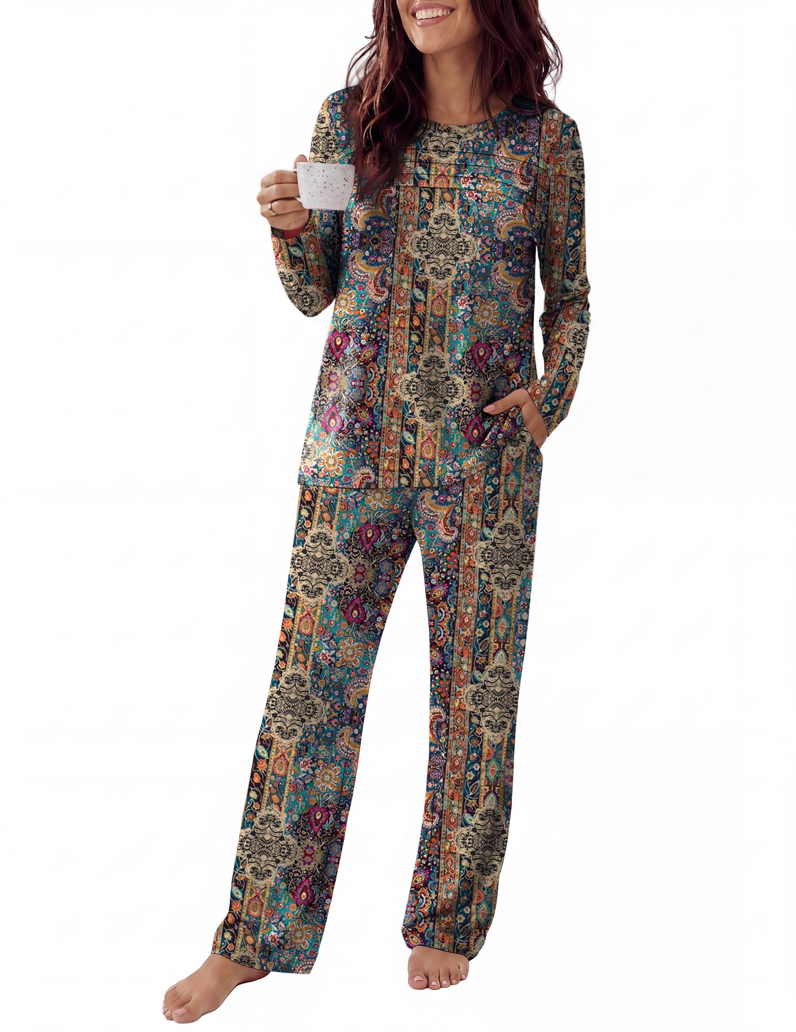Ekouaer Womens Pajama Sets Pleated Tops with Long Sleeve Fall Lounge Set