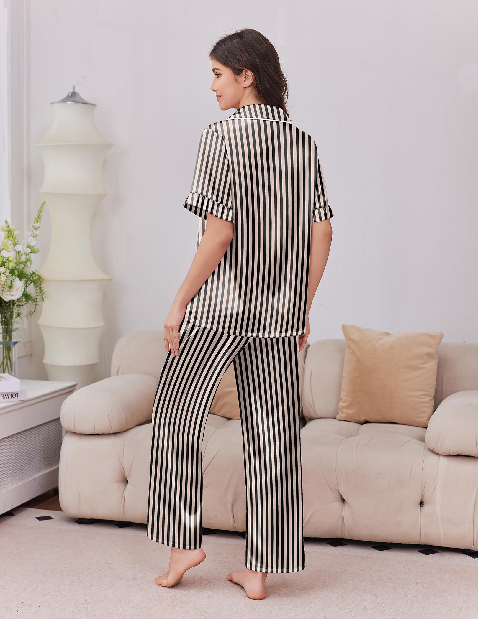 Ekouaer Silk Satin Pajamas for Women Set 2 Piece Short Sleeve Button Up Pjs