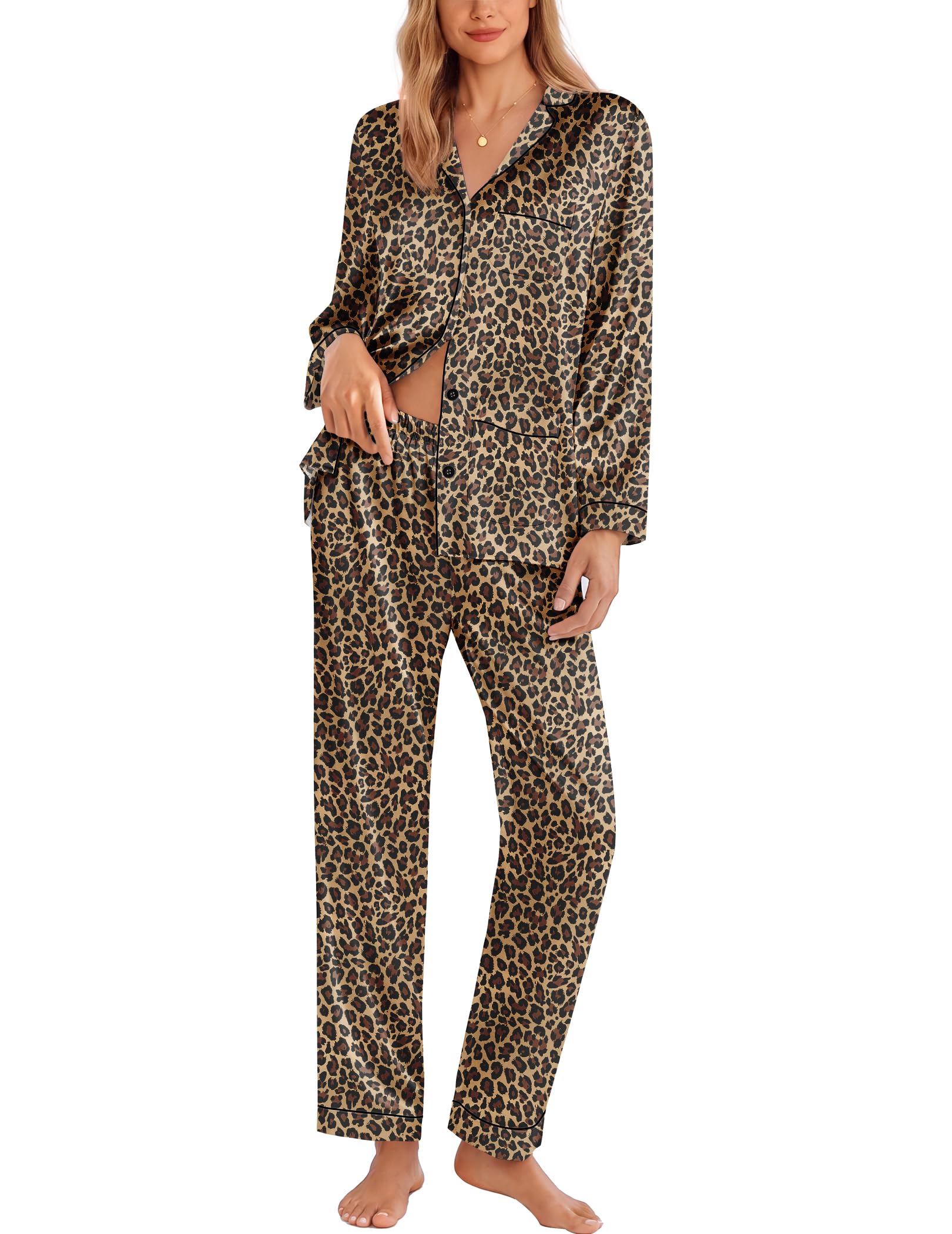 Ekouaer Pajamas for Women Silk Satin Button Down Long Sleeve Pajama Sets
