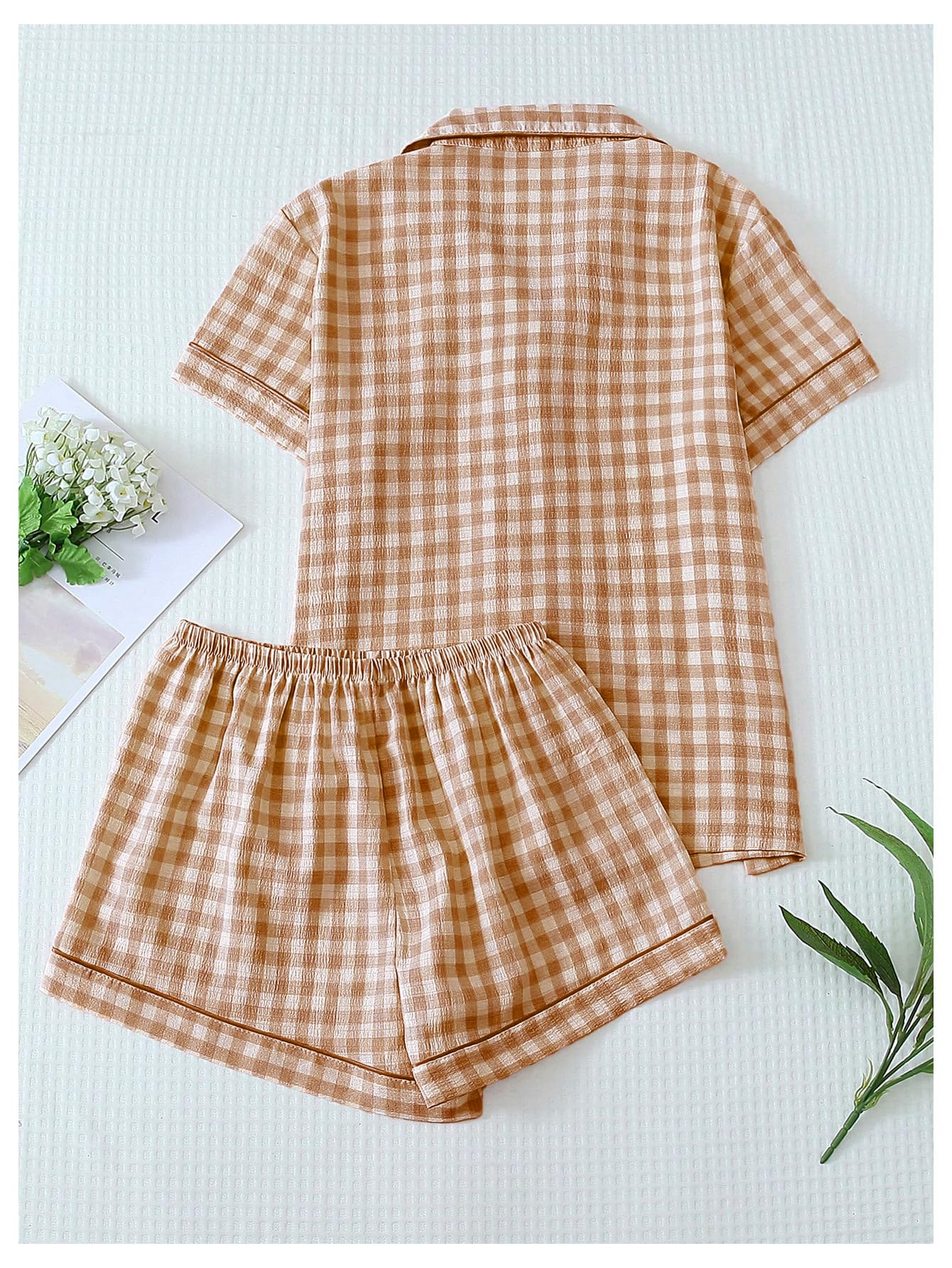 Verdusa Pajamas Sets 2 Piece Gingham Cute Button Down Shirts with Shorts