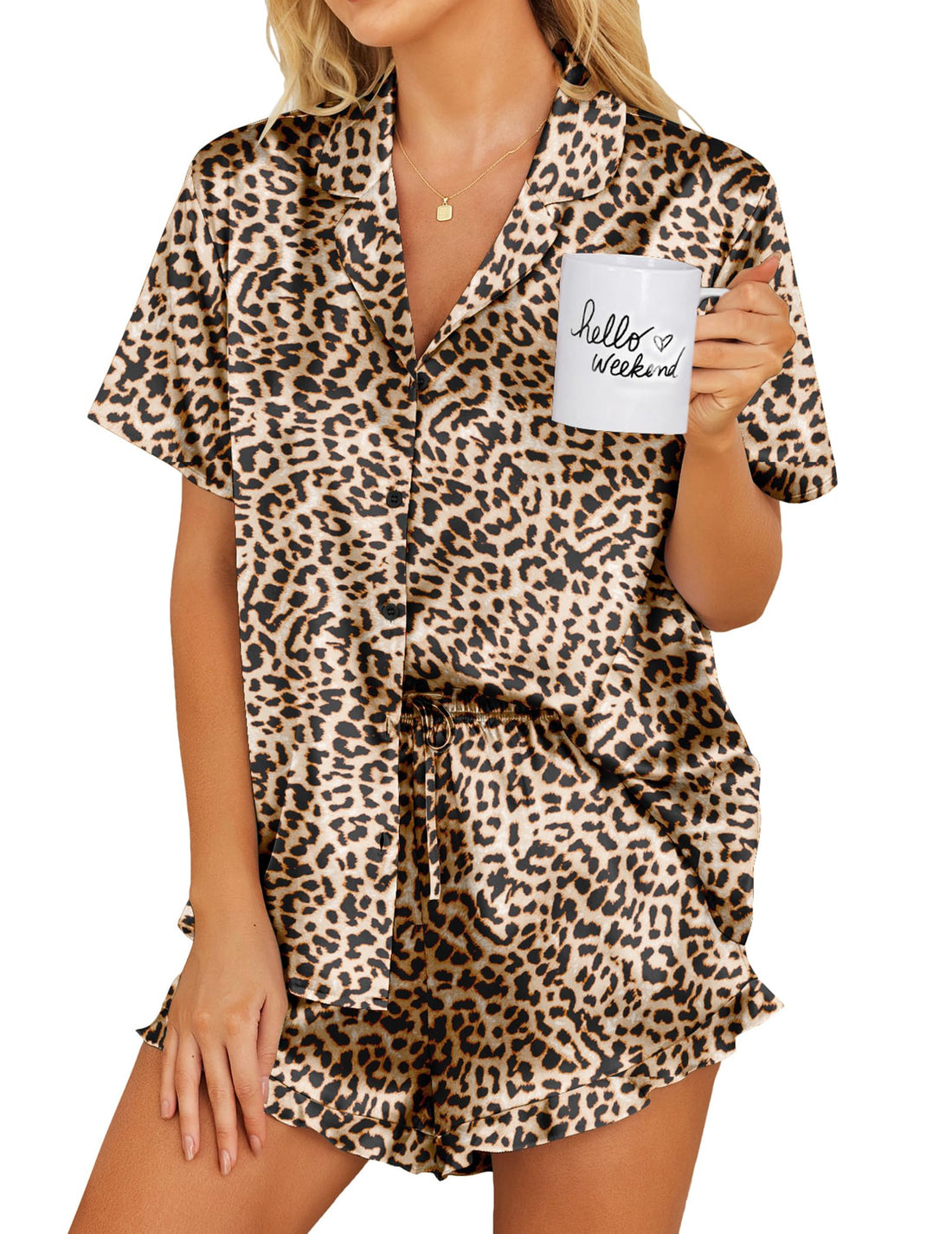 Ekouaer Womens Satin Pajamas Set Button Down 2 Piece Silk Pjs Shorts Set Ruffle Lingerie Notch Collar Sleepwear