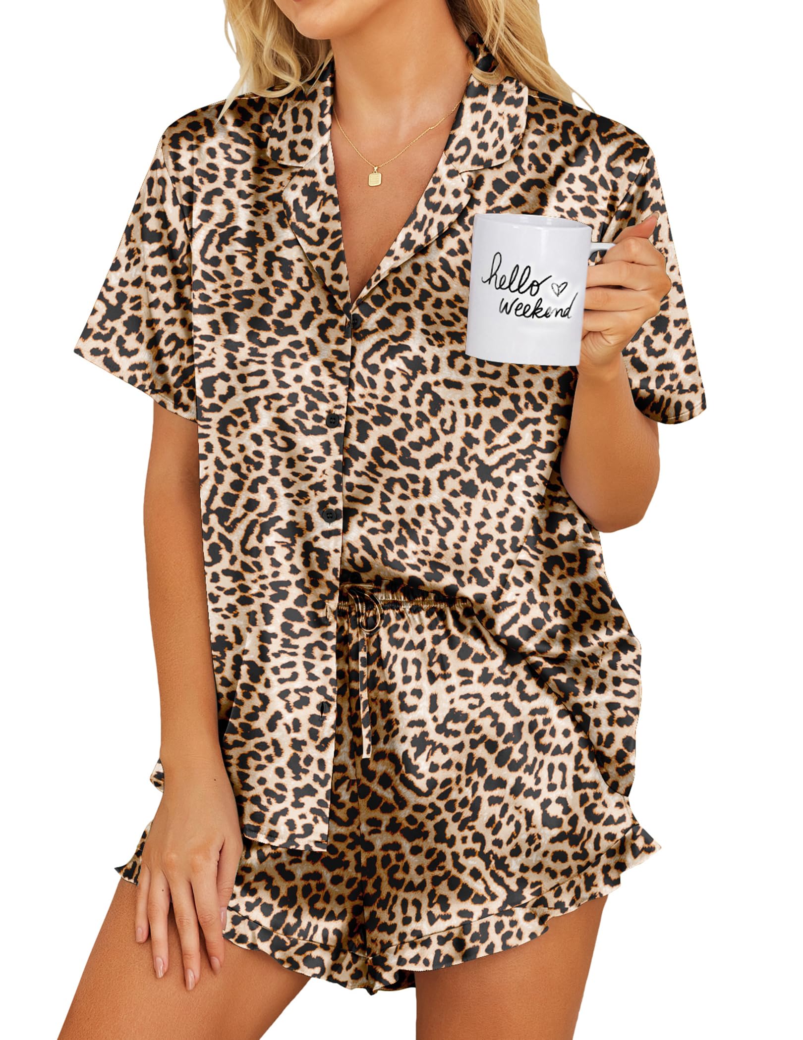 Ekouaer Womens Satin Pajamas Set Button Down 2 Piece Silk Pjs Shorts Set Ruffle Lingerie Notch Collar Sleepwear