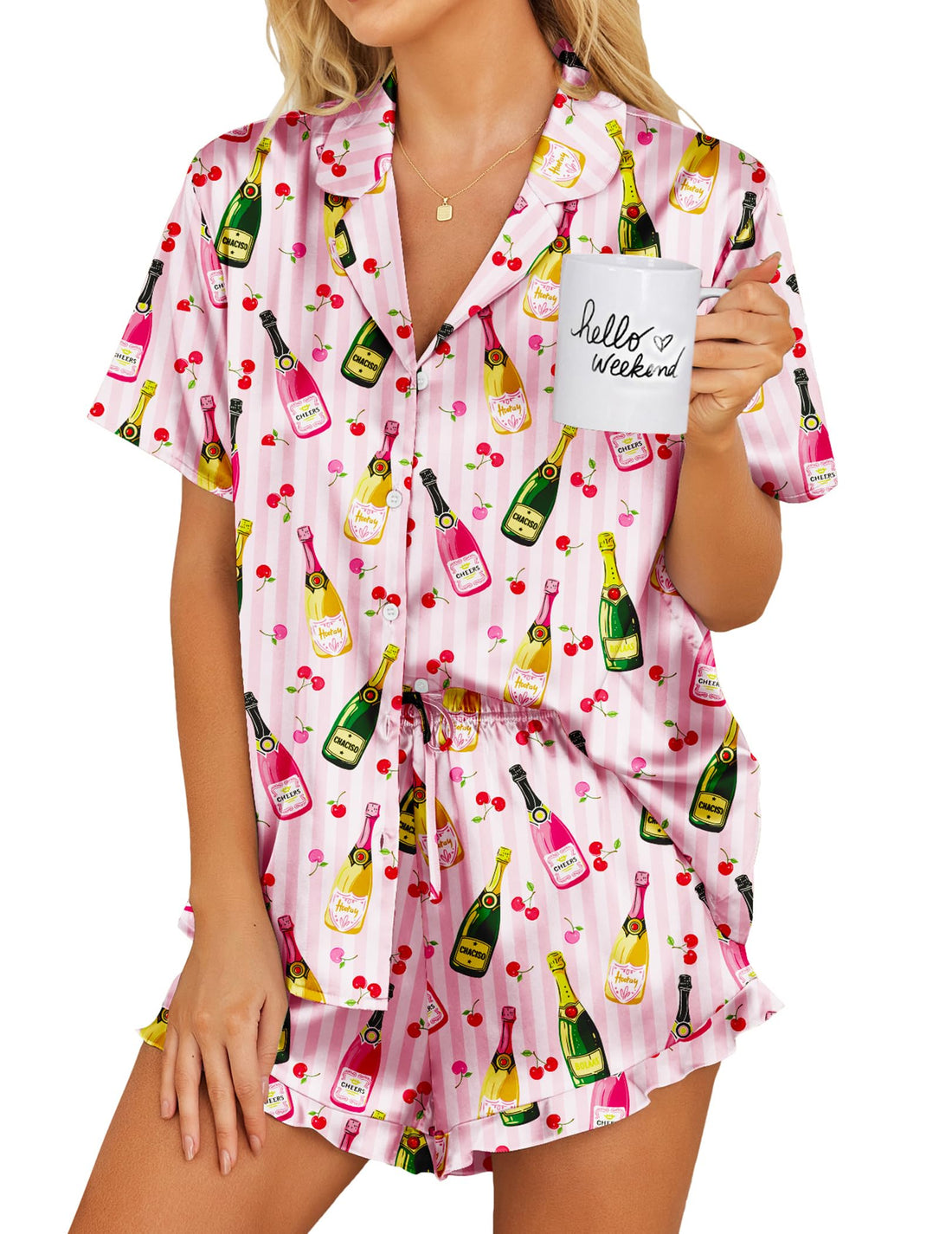 Ekouaer Womens Satin Pajamas Set Button Down 2 Piece Silk Pjs Shorts Set Ruffle Lingerie Notch Collar Sleepwear