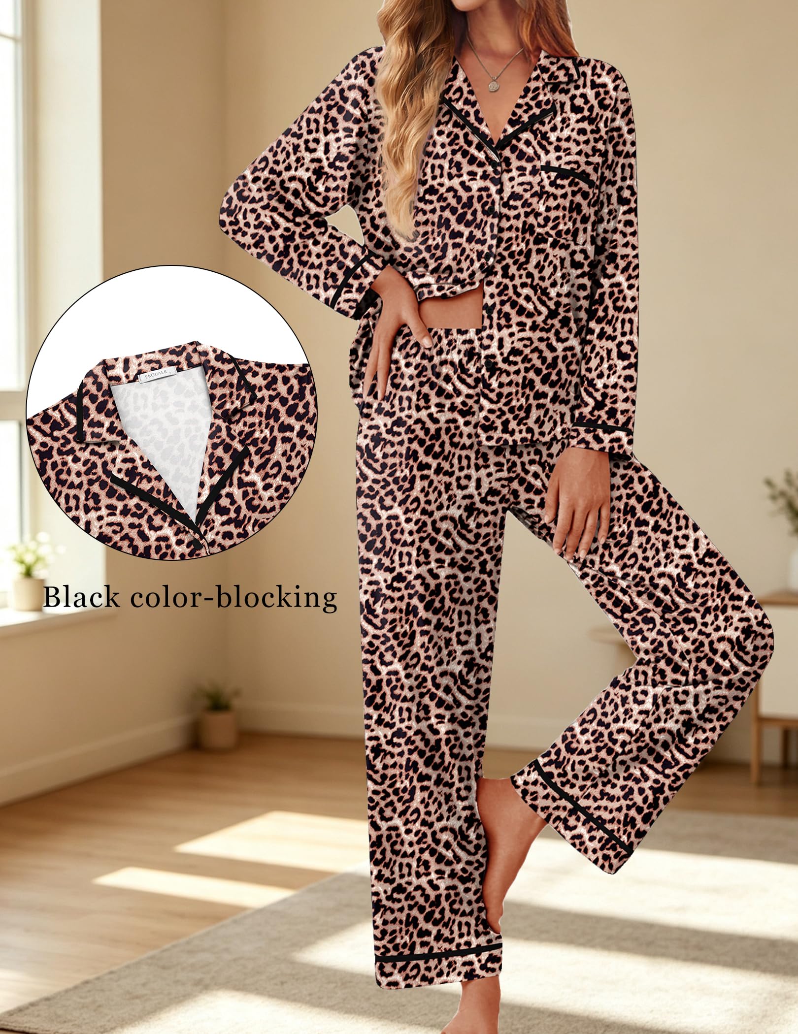 Ekouaer Womens Pajama Sets Long Sleeve Button Down Lounge Sets with Pockets