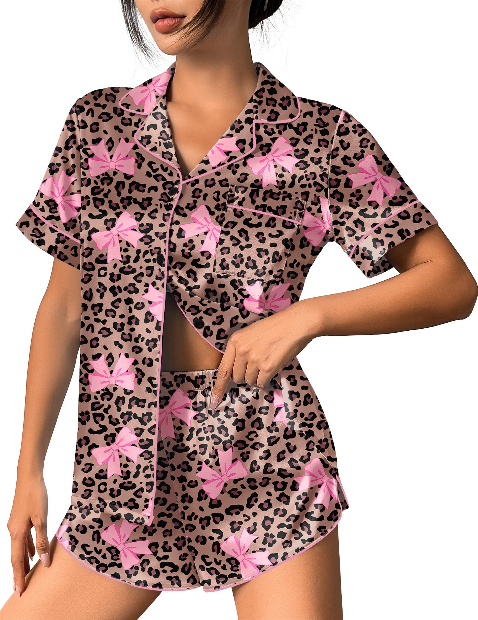 Ekouaer Womens Silk Satin Pajama Set Print Short Sleeve Sleepwear Button Down Pjs Shorts Set Loungewear