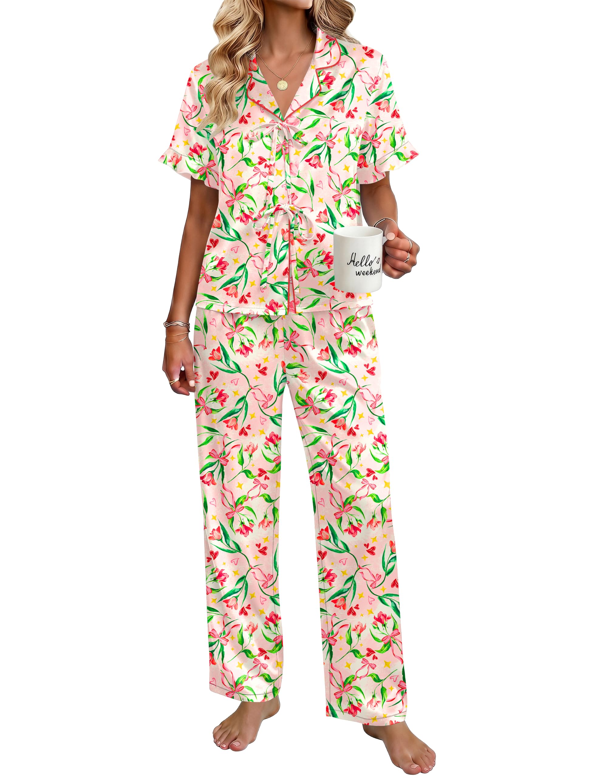 Ekouaer Womens Satin Pajama Sets Silky Tie Front Ruffle Pjs Sets Sleepwear