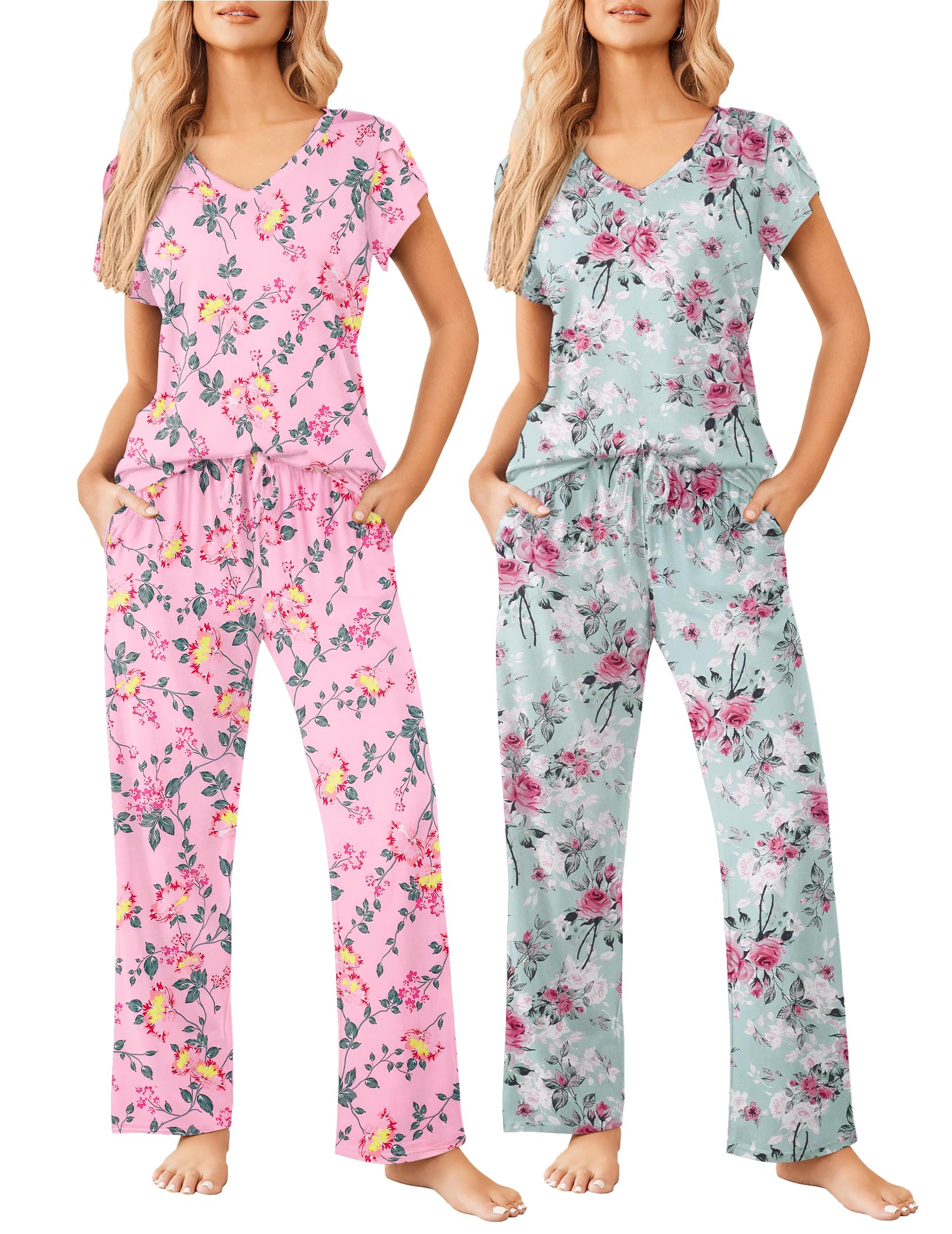Ekouaer 2 Pack Womens Pajama Set Short Sleeve Sleepwear Soft Pjs Lounge Set