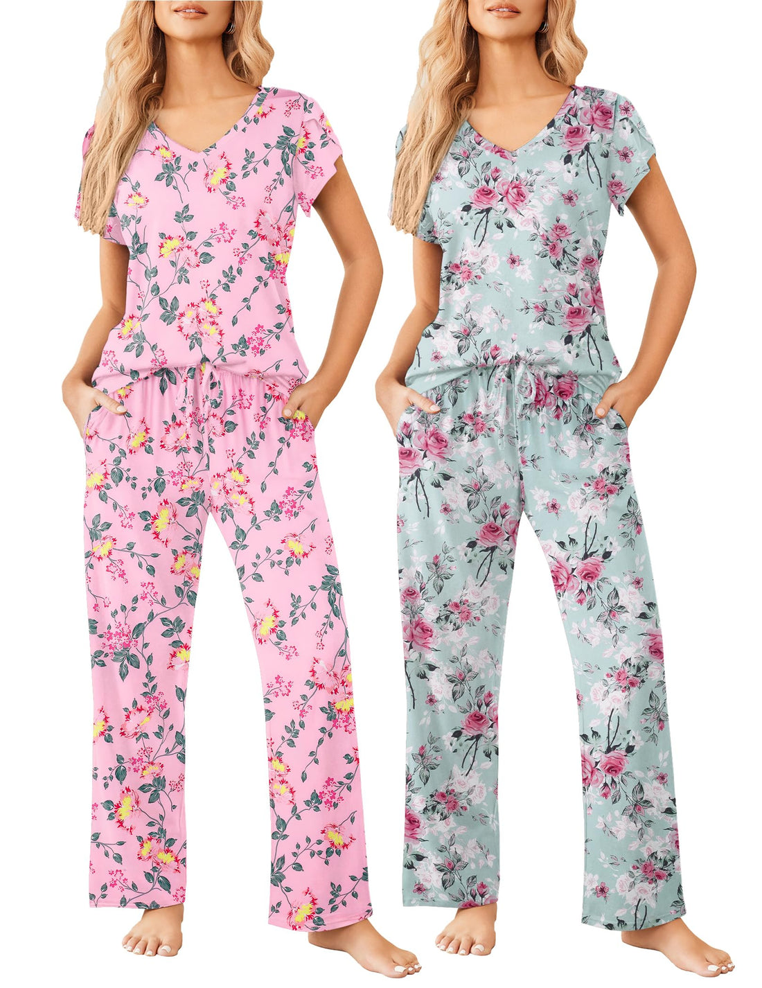 Ekouaer 2 Pack Womens Pajama Set Short Sleeve Sleepwear Soft Pjs Lounge Set