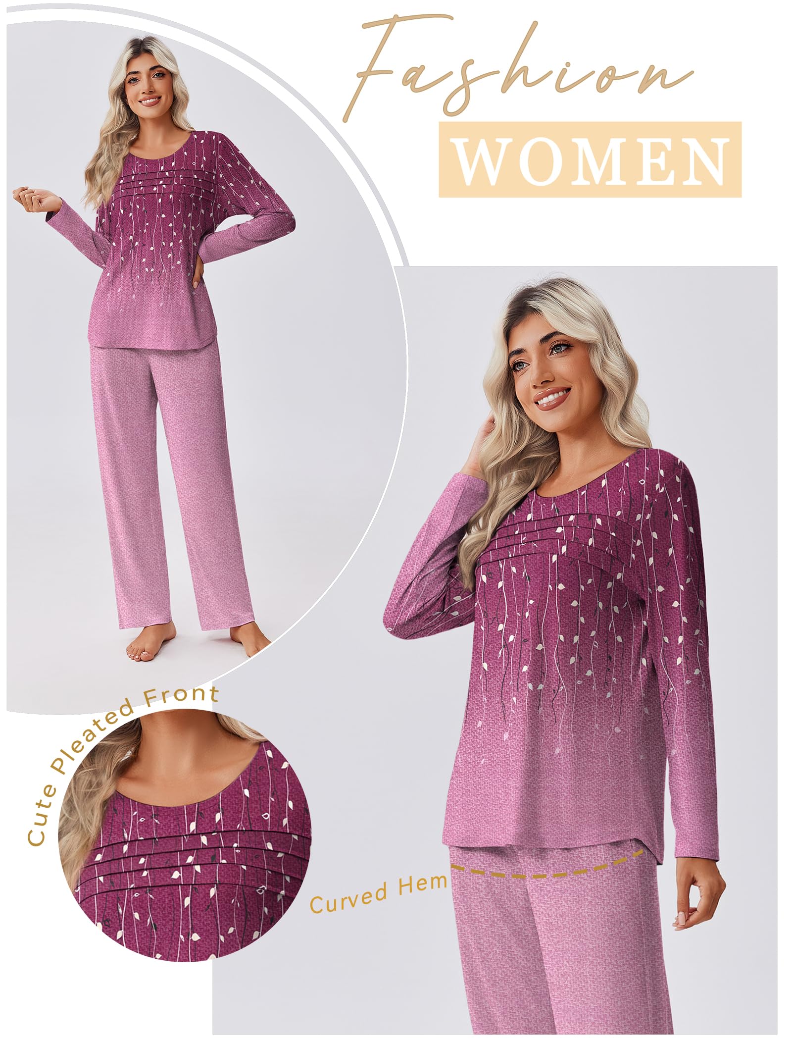 Ekouaer Womens Pajama Sets Pleated Tops with Long Sleeve Fall Lounge Set