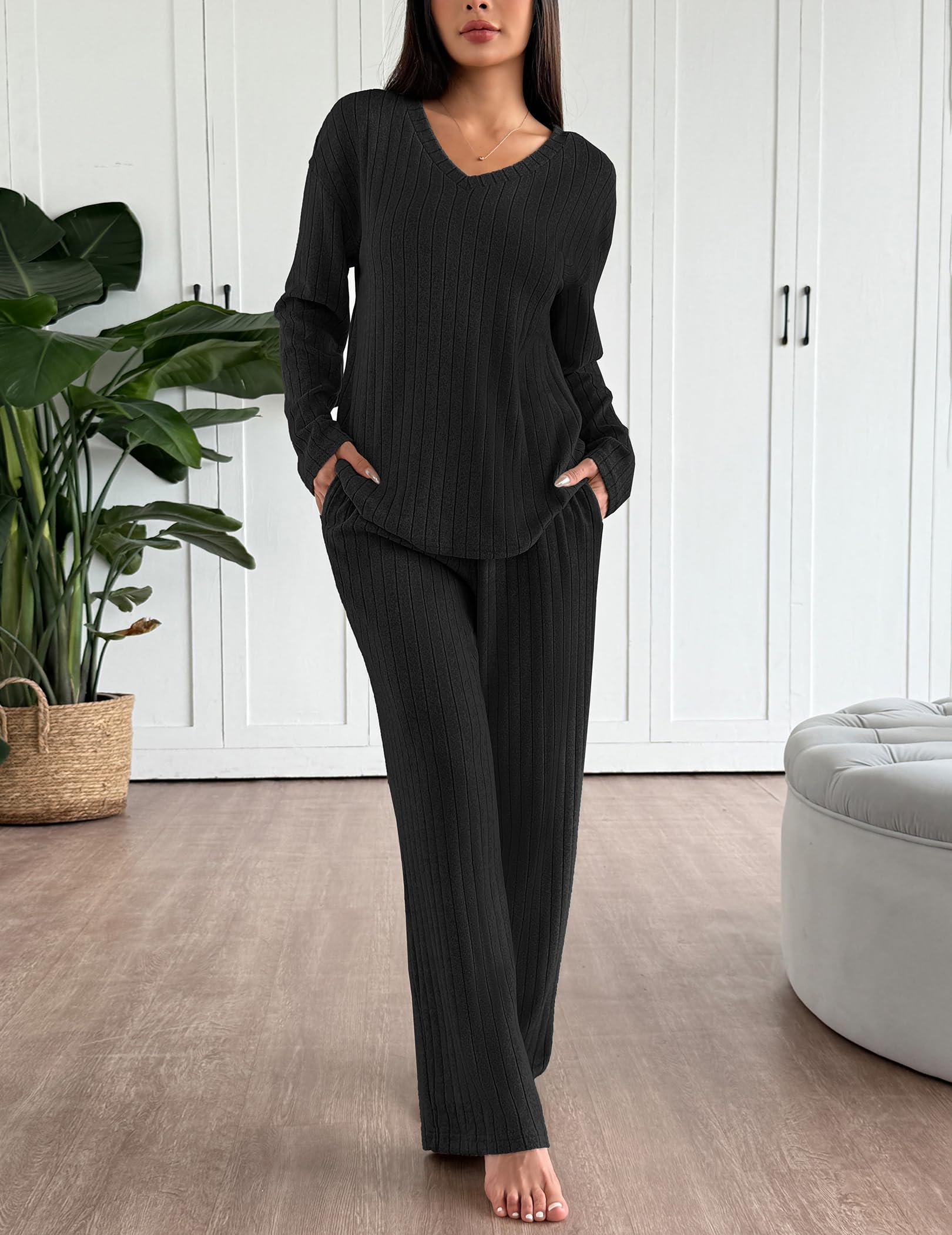 Ekouaer Lounge Sets for Women Long Sleeve Knit Ribbed Pajama Sets 2 Piece Casual Loungewear with Pockets