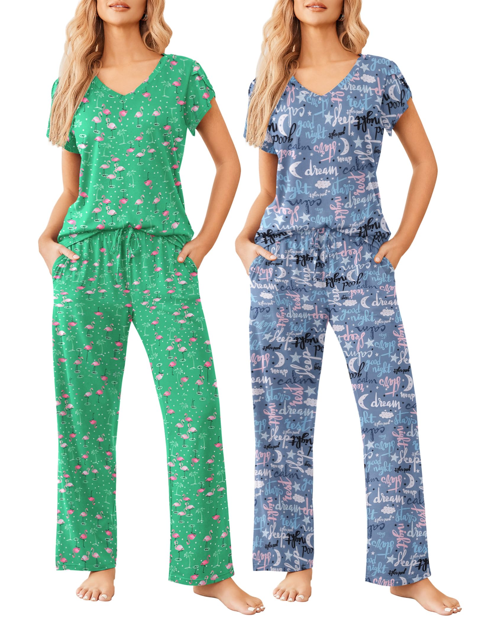 Ekouaer 2 Pack Womens Pajama Set Short Sleeve Sleepwear Soft Pjs Lounge Set