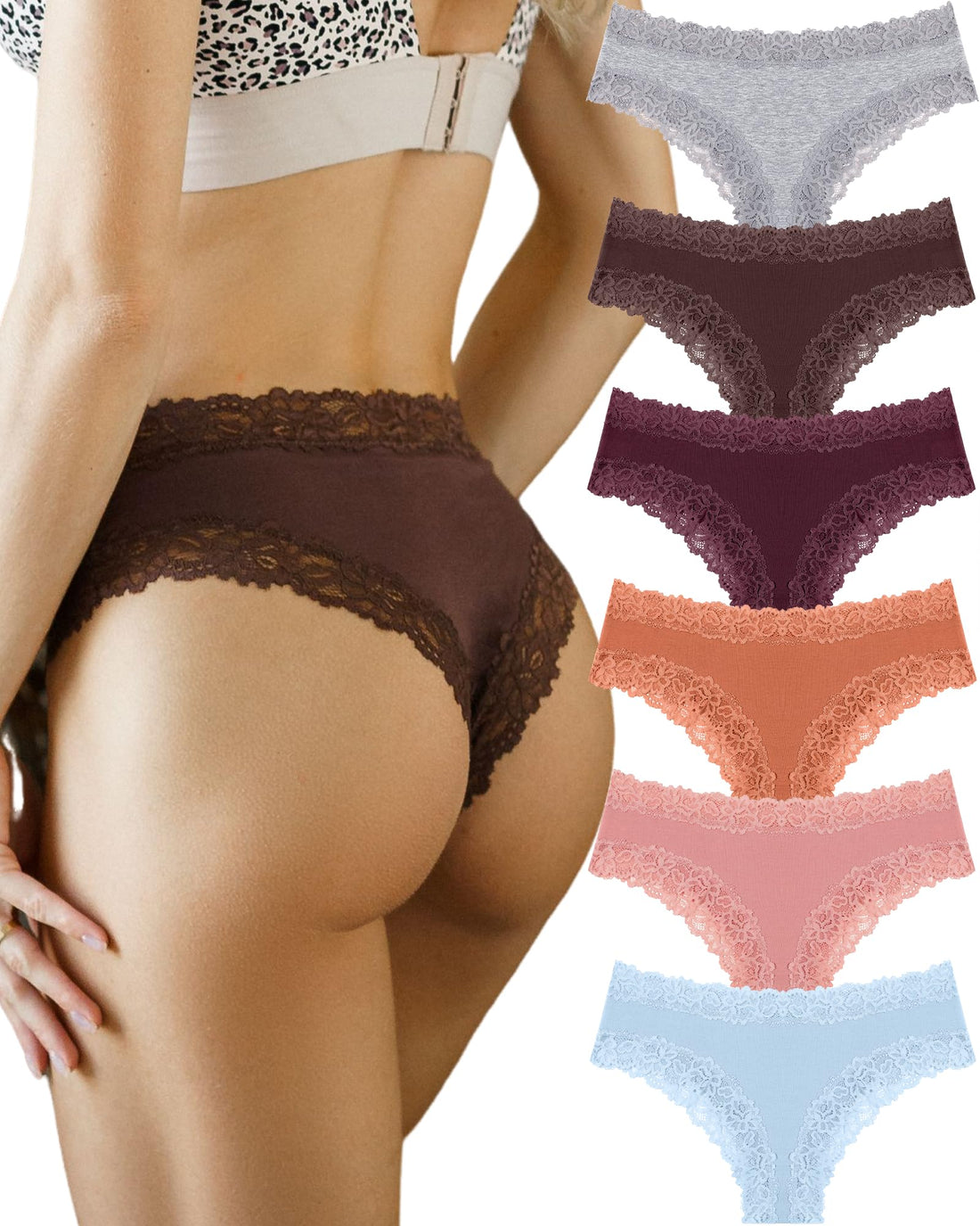 FINETOO Cotton Underwear Womens Sexy Lace Cheeky Low Rise Panties 6 Pack