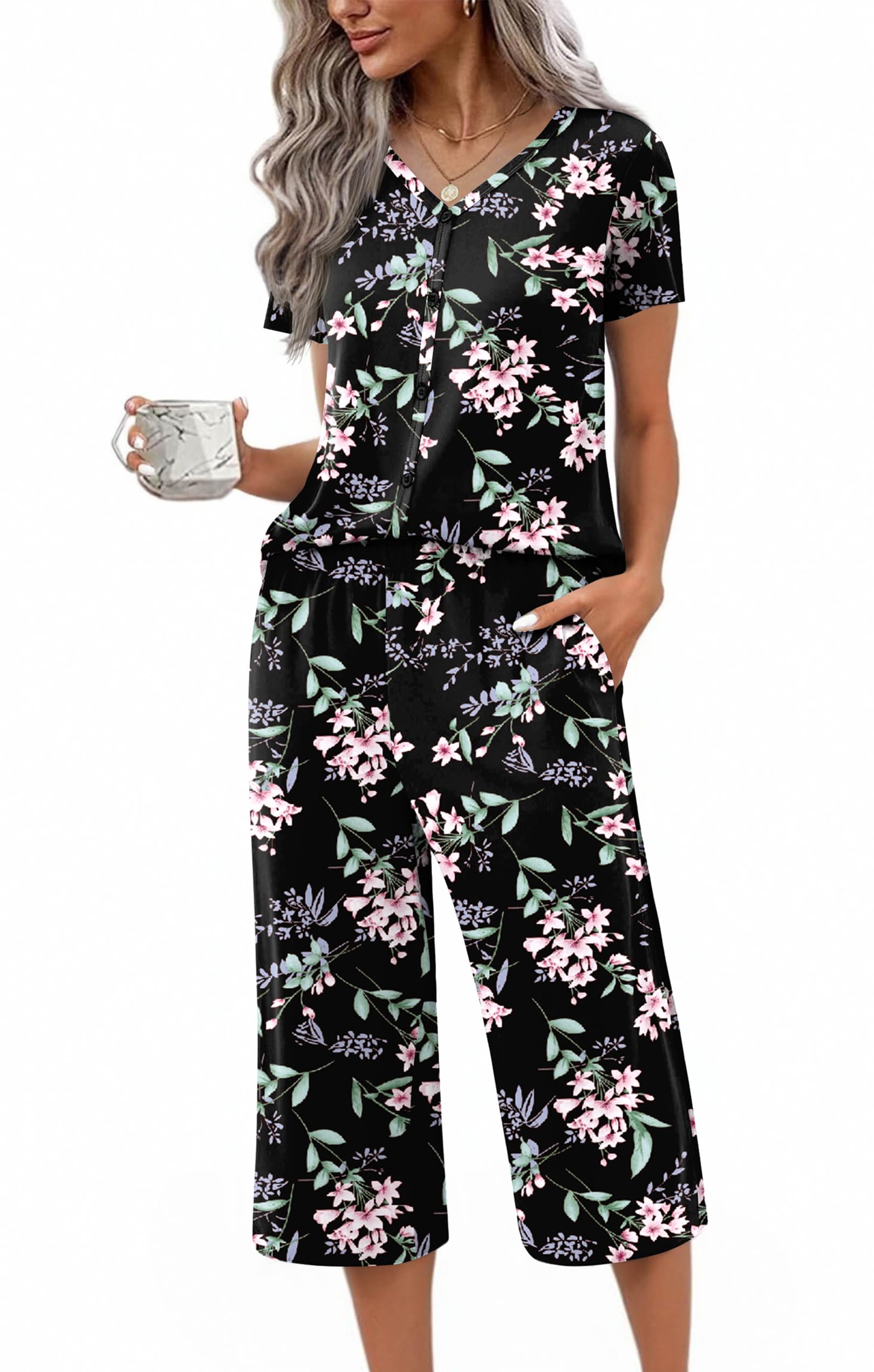 Ekouaer Women's Pajama Sets Short Sleeve Sleepwear Button Up Pj Loungewear Top and Capri Pants with Pockets