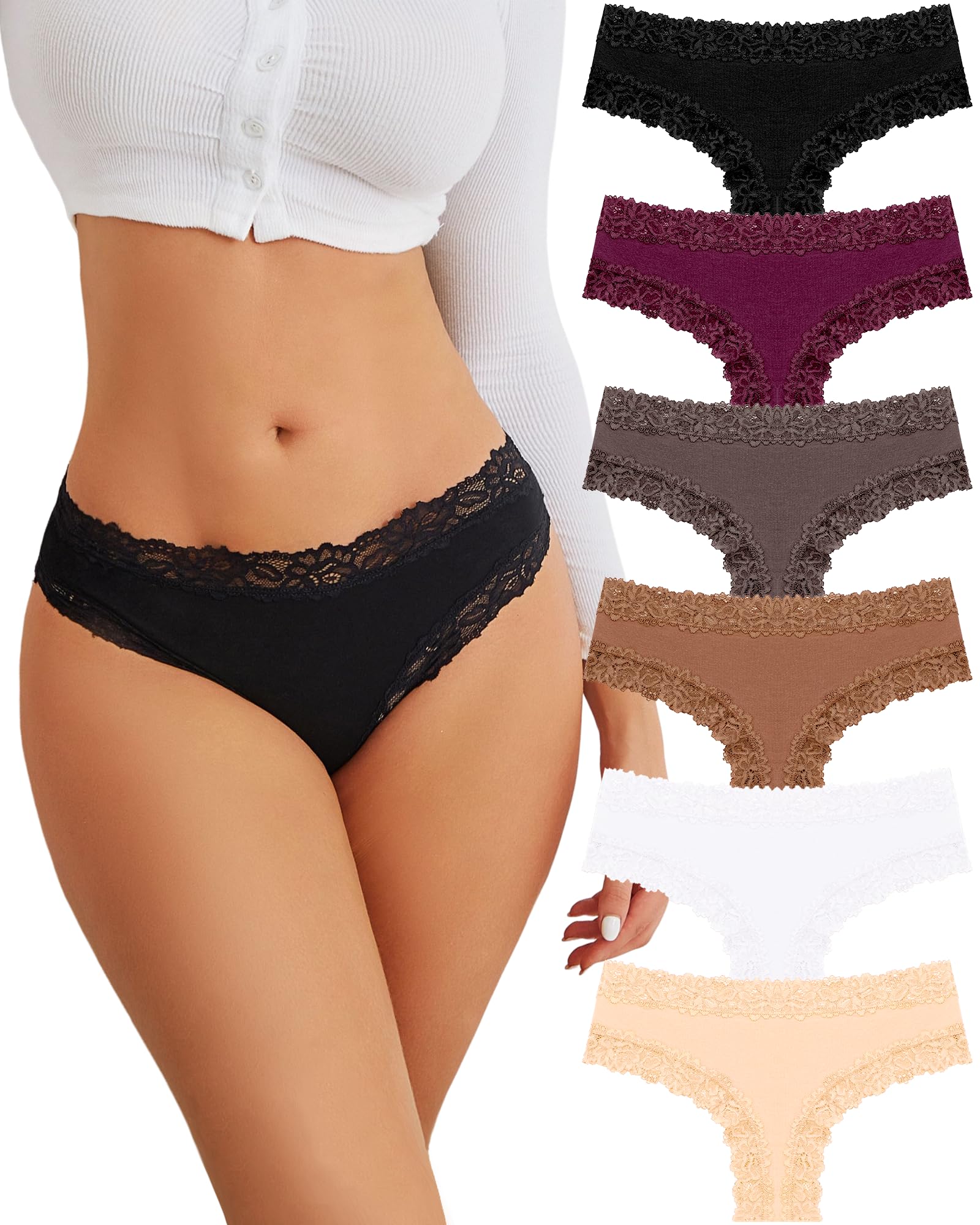 FINETOO Cotton Underwear Womens Sexy Lace Cheeky Low Rise Panties 6 Pack