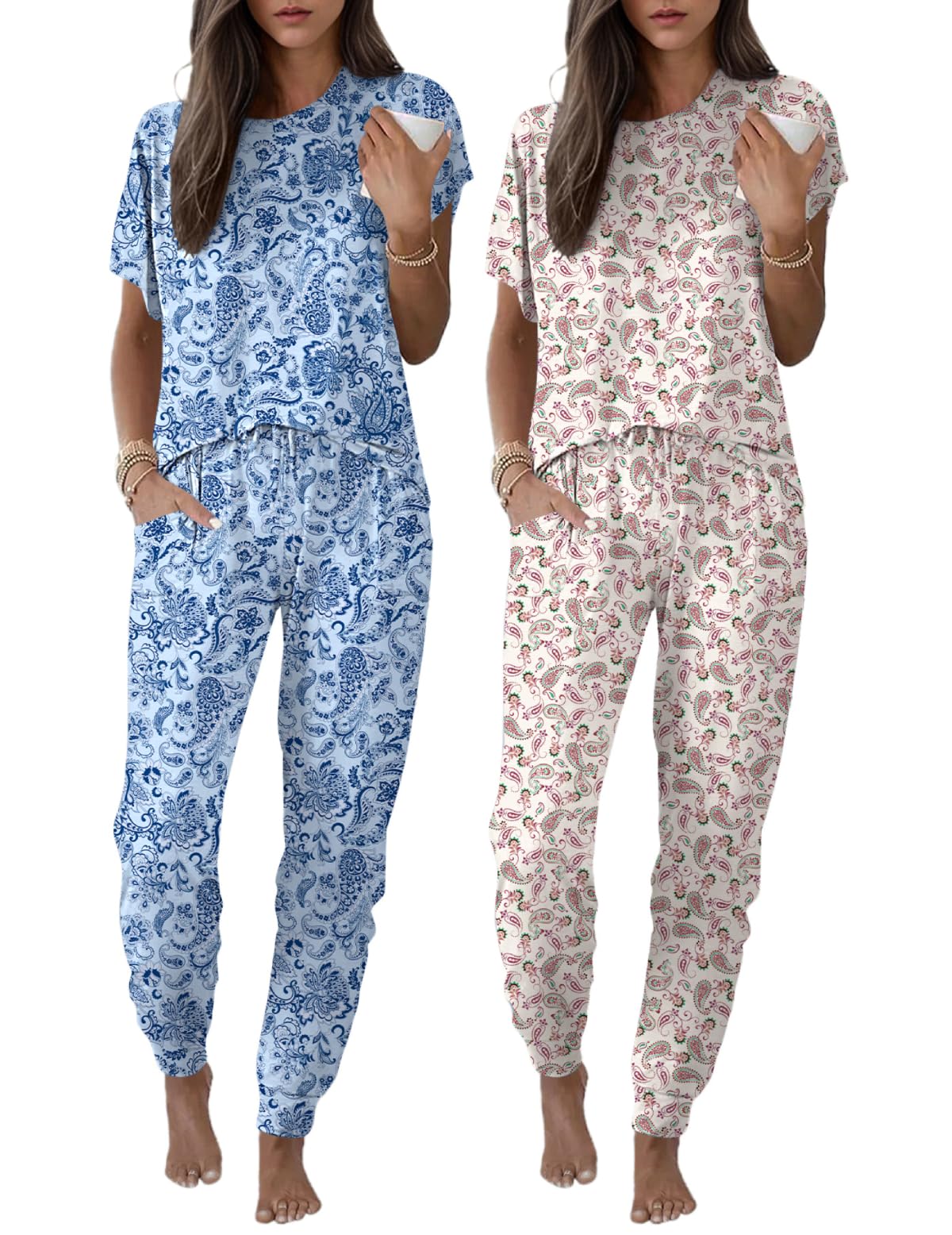 Ekouaer 2 Pack Womens Pajama Short Sleeve Jogger Pants Pjs Lounge Set