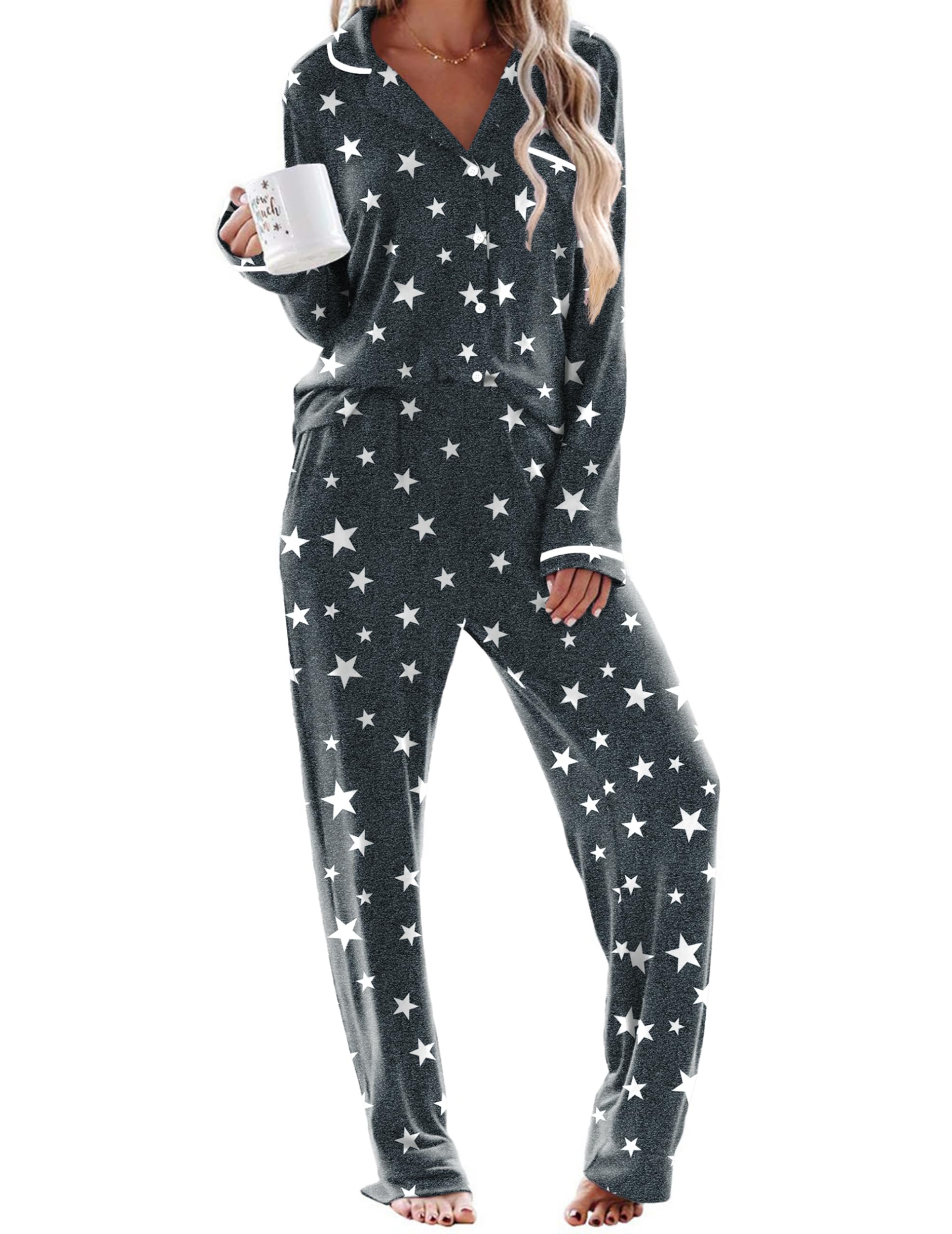 Ekouaer Womens Pajama Sets Long Sleeve Button Down 2 Piece Soft Pjs