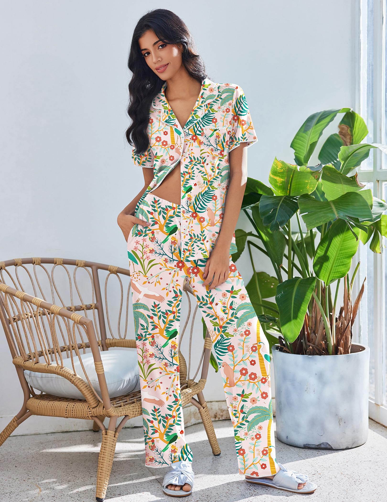 Ekouaer Pajamas for Women Set Button Up Soft Pjs Short Sleeve Lounge Sets