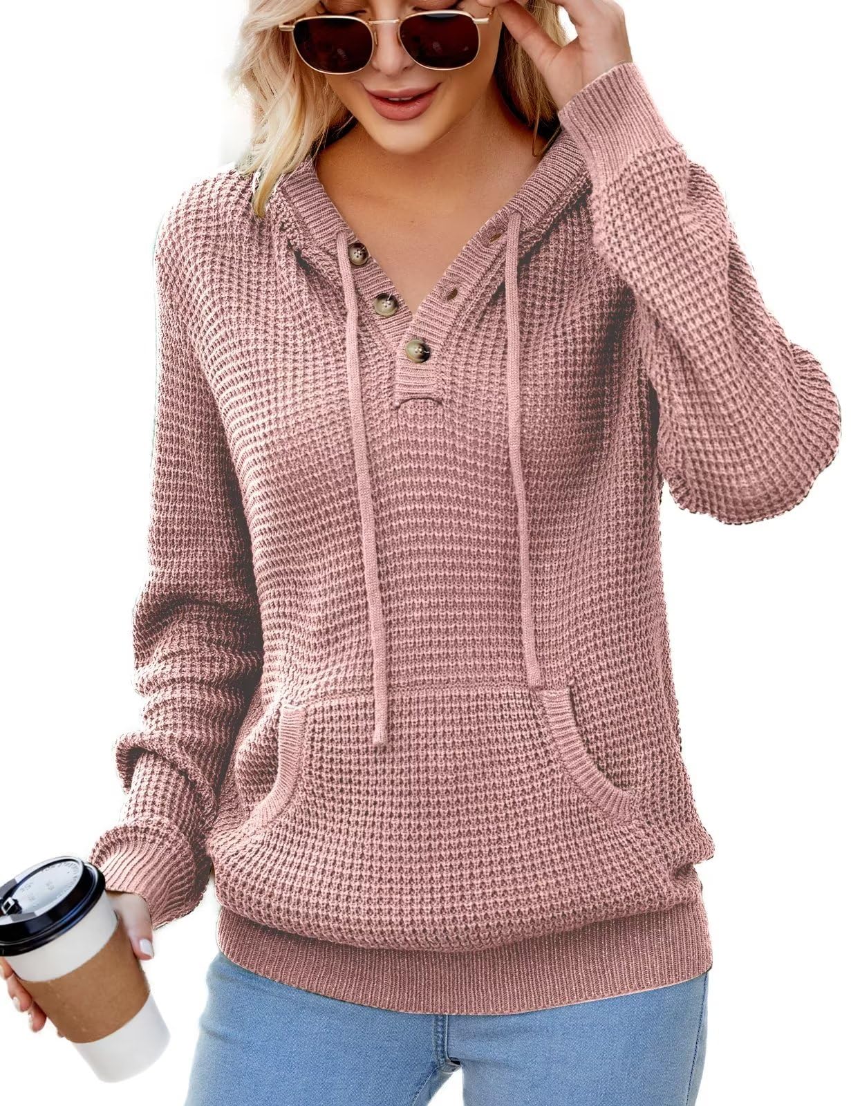 CiCiBird Women's Fall Hoodies Sweater V Neck Waffle Knit Top with Pocket | Loose Fit, V Neck Button, Adjustable Drawstring, Long Sleeve, Kangaroo Pocket, Weekend Errands, Daily Wear, Work Casual