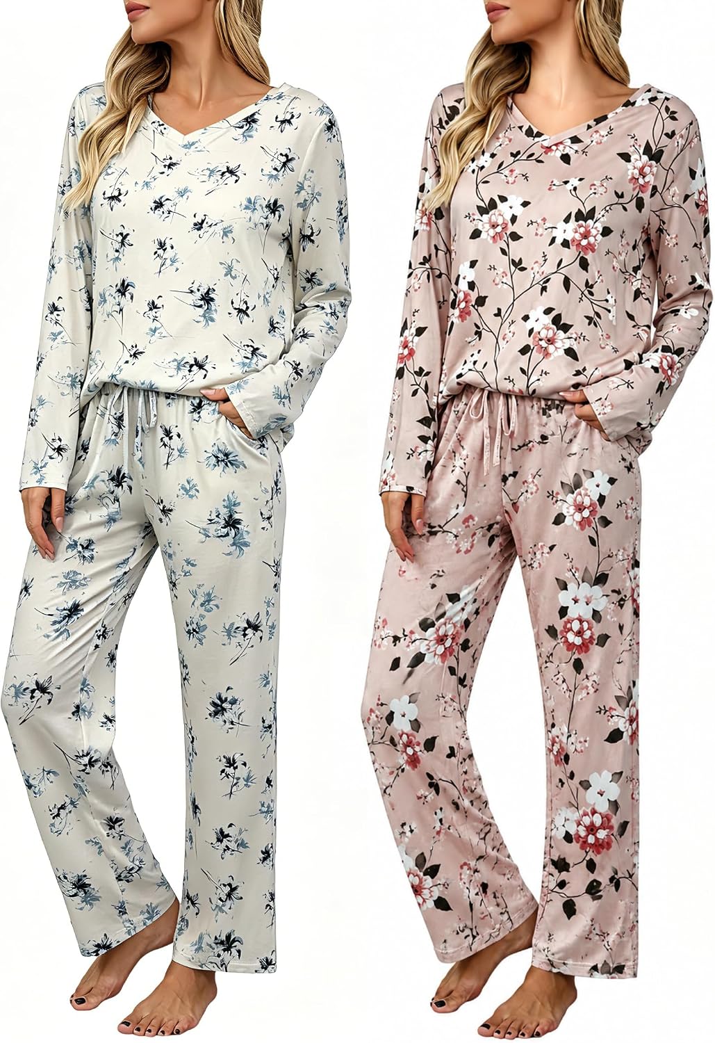 2 Pack: Women's Long Sleeve Pajama Sets - V Neck Top and Pants Lounge sets