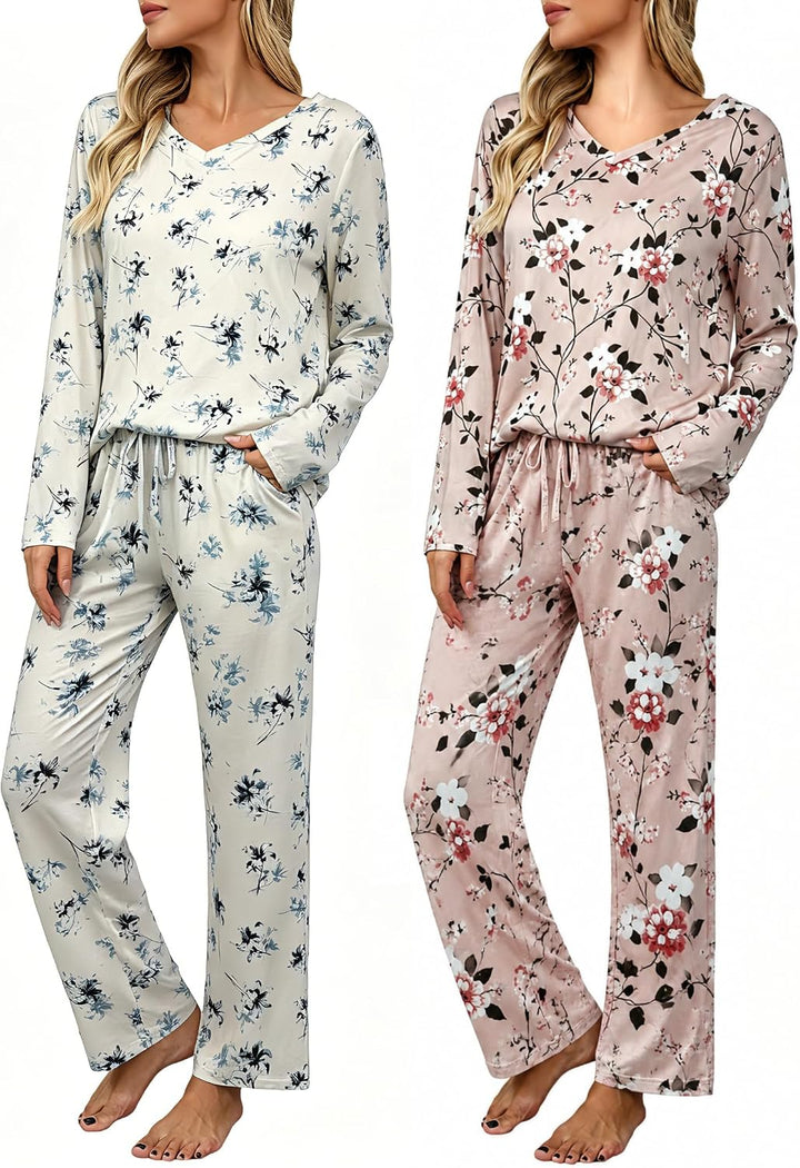 2 Pack: Women's Long Sleeve Pajama Sets - V Neck Top and Pants Lounge sets