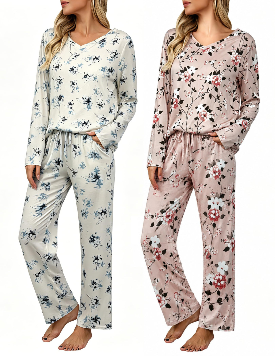 2 Pack: Women's Long Sleeve Pajama Sets - V Neck Top and Pants Lounge sets