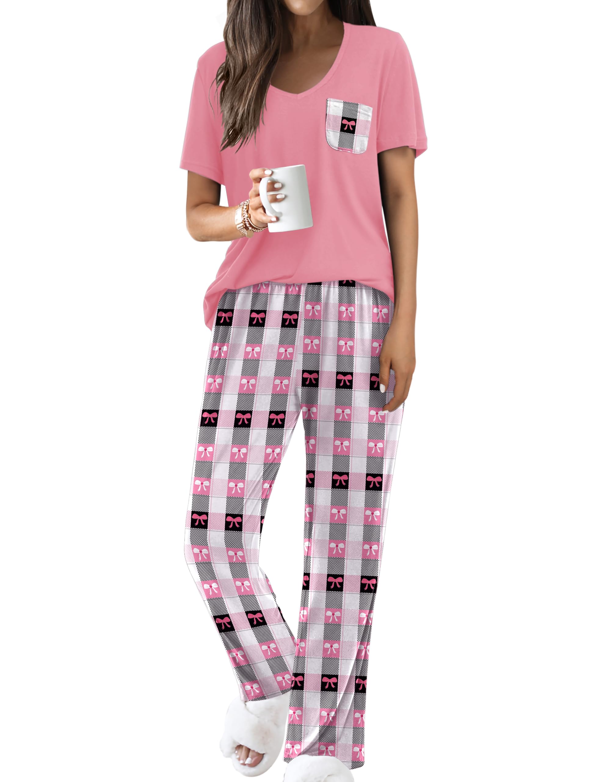 Ekouaer Pajama Sets for Women 2 Piece Short Sleeve Pj V Neck Chest Pocket