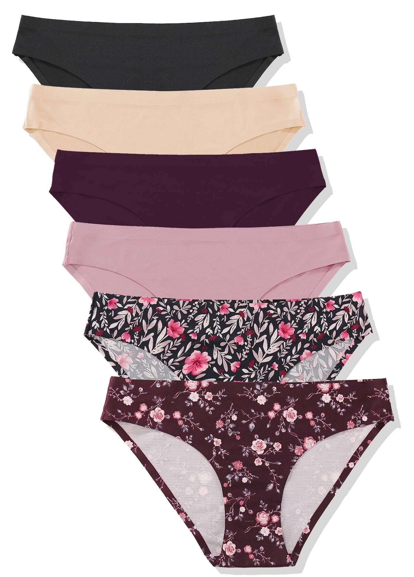 FINETOO 6 Pack Women’s Seamless Hipster Underwear No Show Panties Invisibles Briefs Soft Stretch Bikini Underwears XS-XL