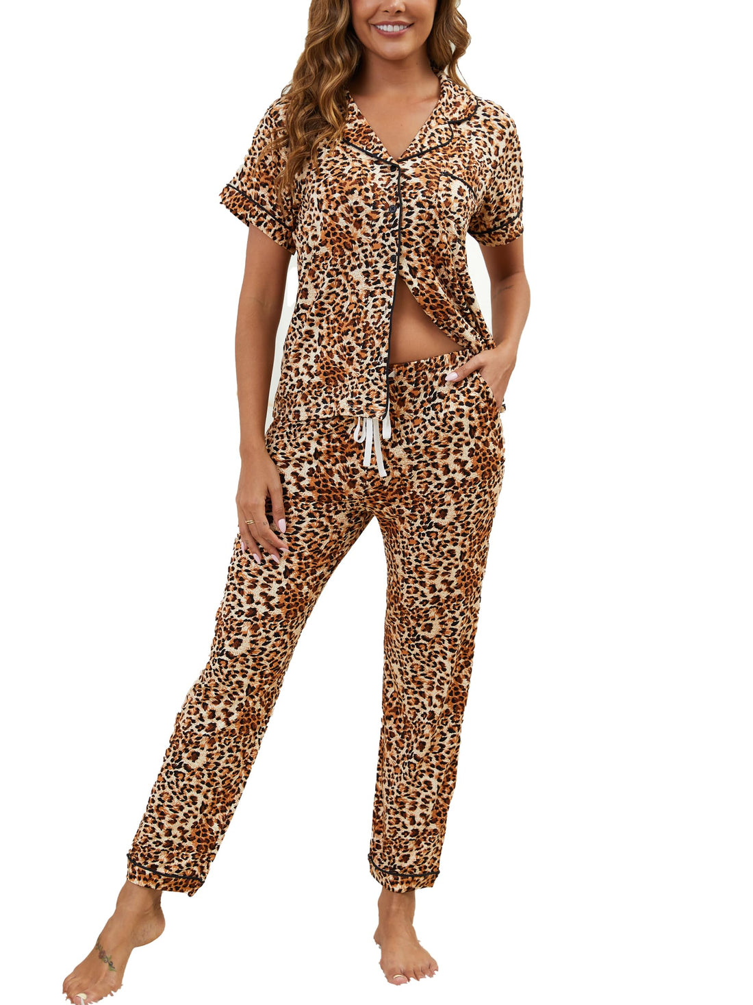Womens Pajama Set Soft Pjs Short Sleeve Sleepwear with Long Pants 2 Piece Lounge Sets S-XXL