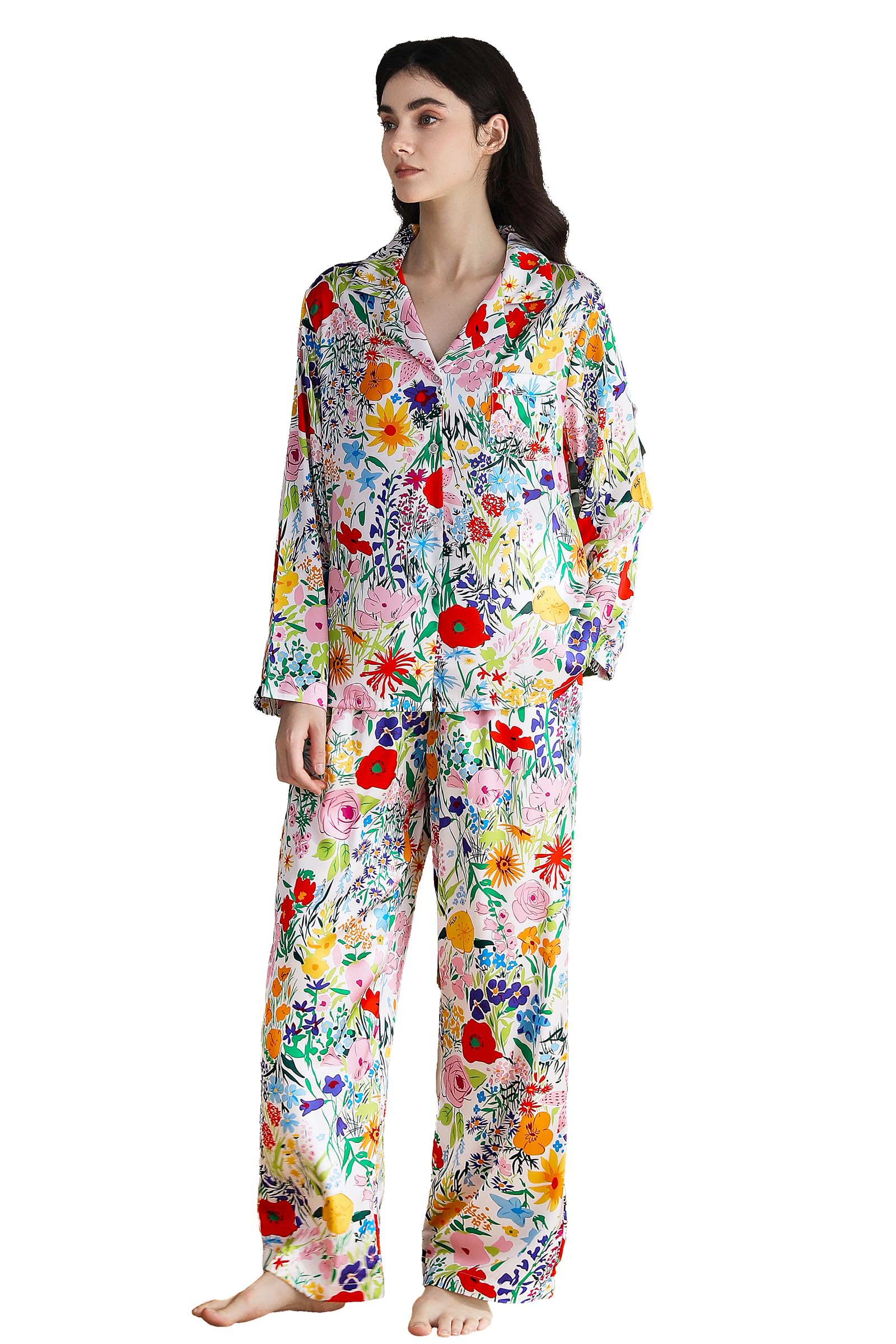 YiNi LuLu Womens Silk Satin Pajamas Set Button Down 2 Piece Pjs Long Sleeve Oversized Sleepwear with Pockets