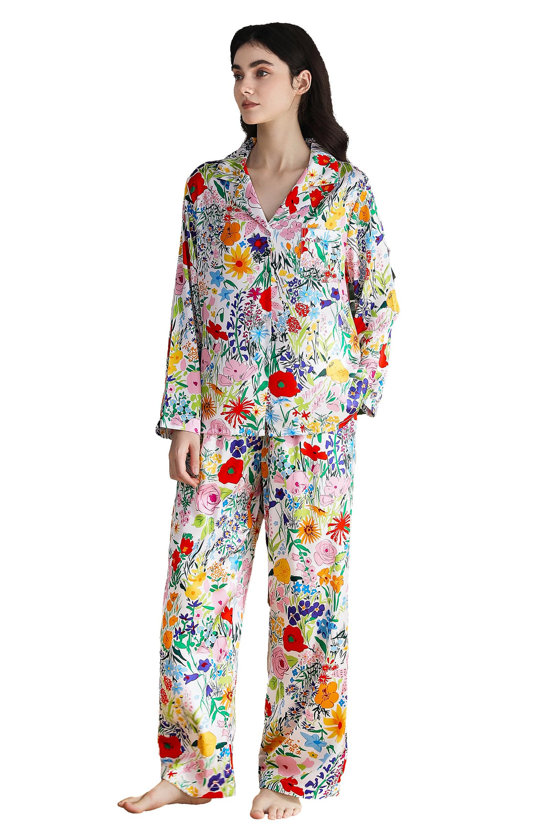 YiNi LuLu Womens Silk Satin Pajamas Set Button Down 2 Piece Pjs Long Sleeve Oversized Sleepwear with Pockets
