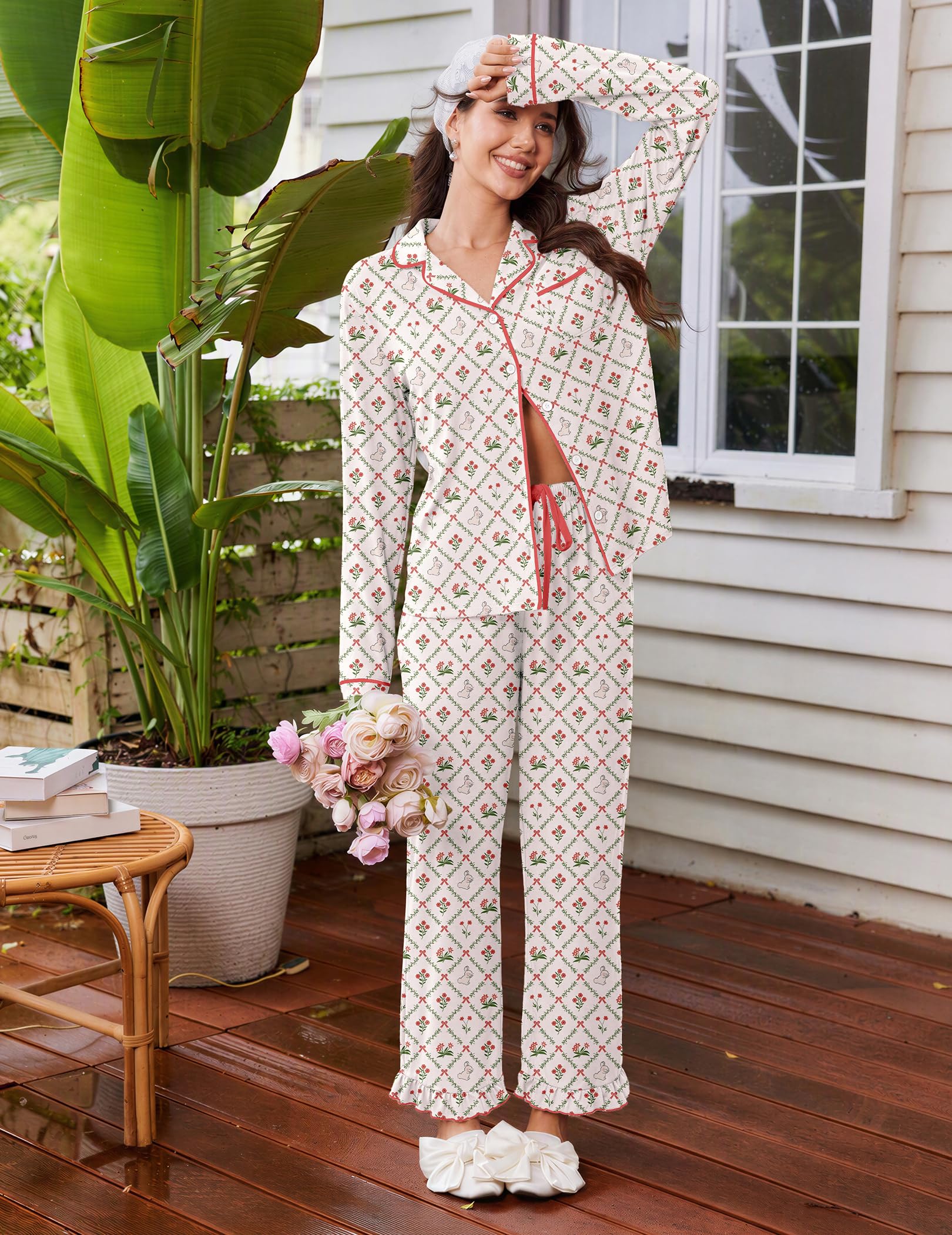 Ekouaer Womens Pajama Sets Long Sleeve Sleepwear Button Down Pjs Loungewear