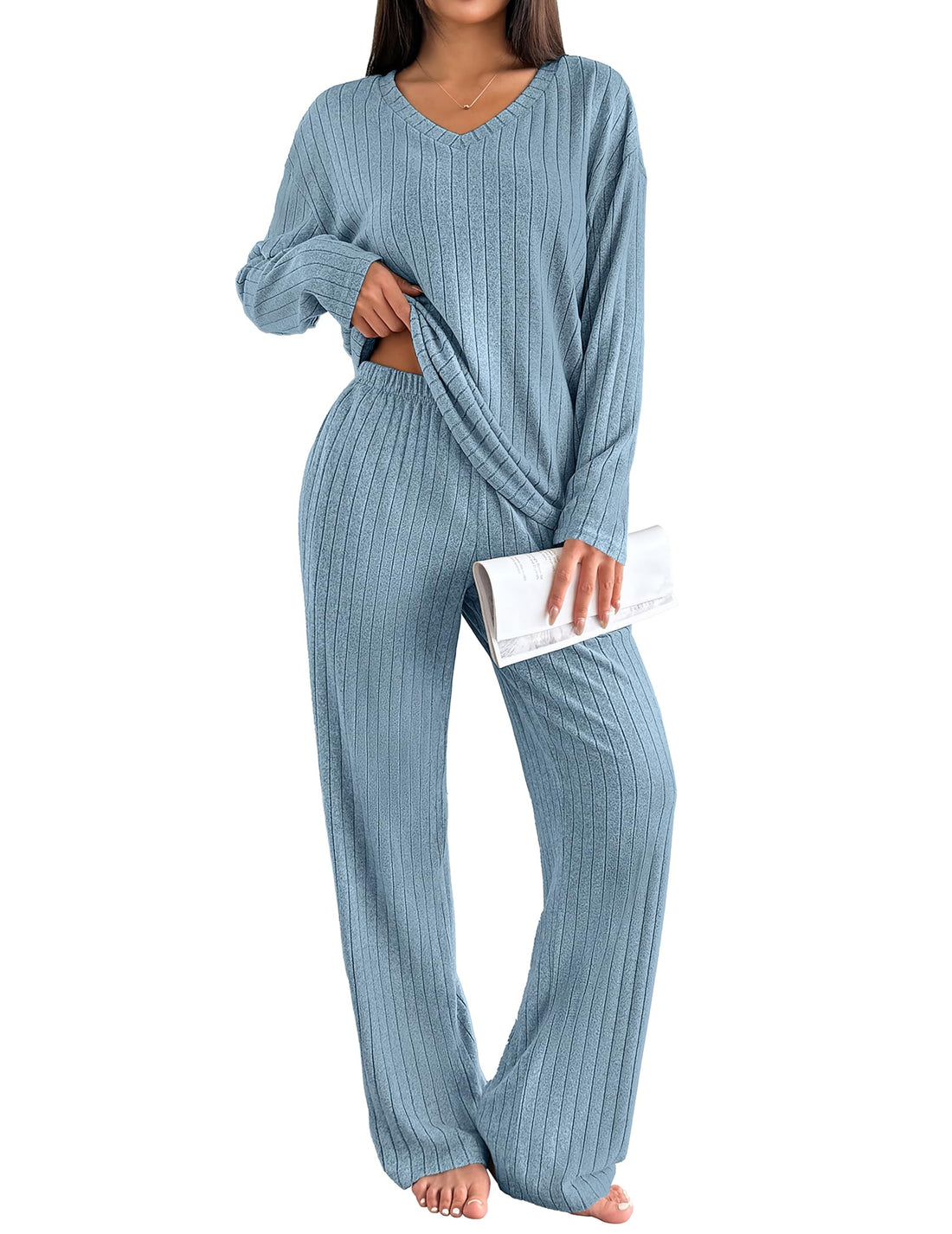 Ekouaer Lounge Sets for Women Long Sleeve Knit Ribbed Pajama Sets 2 Piece Casual Loungewear with Pockets