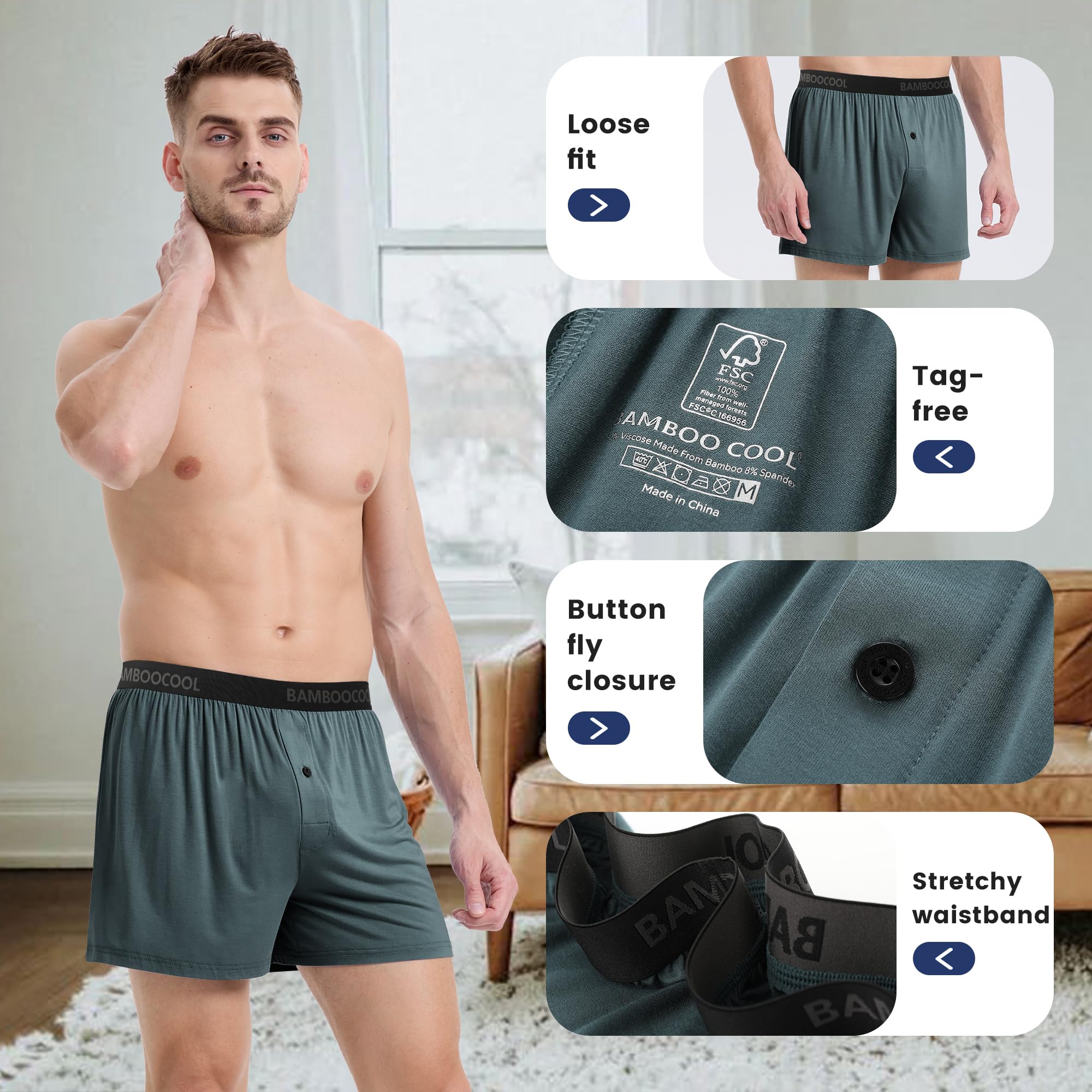 BAMBOO COOL Mens Boxer Shorts Underwear Soft Comfortable Breathable Knit Boxers Short for Men (3 or 5 Pack)