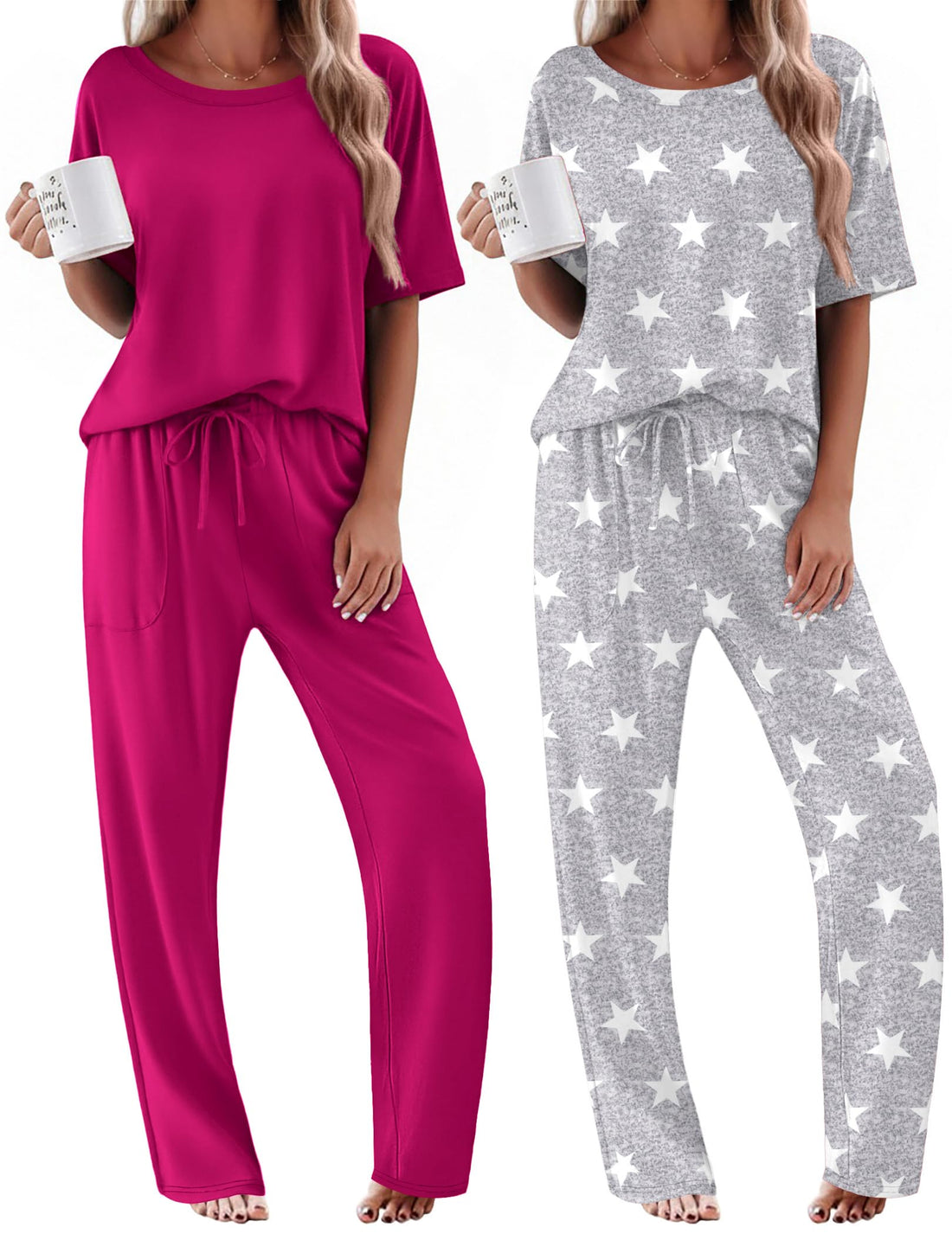 Ekouaer 2 Pack Womens Pajamas Sets Short Sleeve Long Pants Pjs Lounge Set