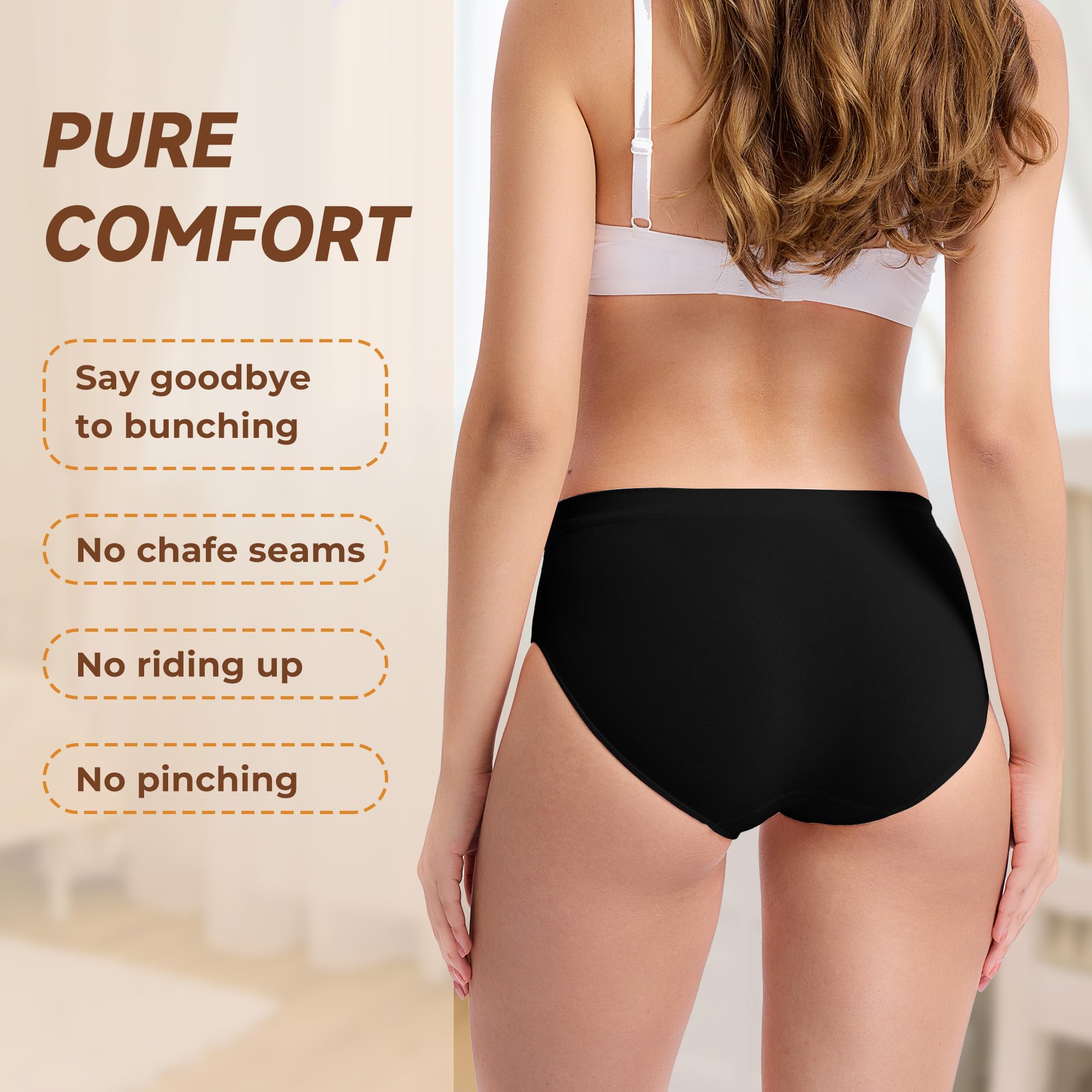 Women's Bamboo Seamless Bikini Panties Moisture-Wicking Stretchy Breathable Hipster Coverage Ladies Underwear 6-pack