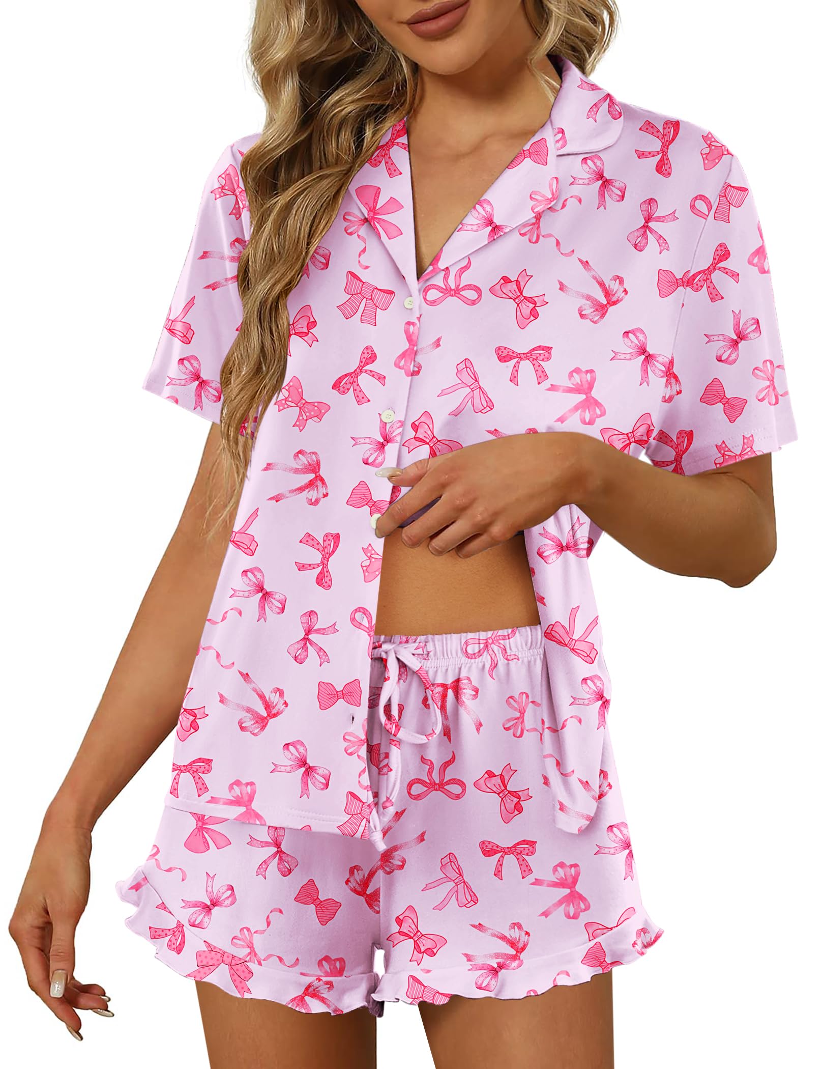 Ekouaer Pajamas Set for Women Short Sleeve Sleepwear Button Down Ruffle Pjs