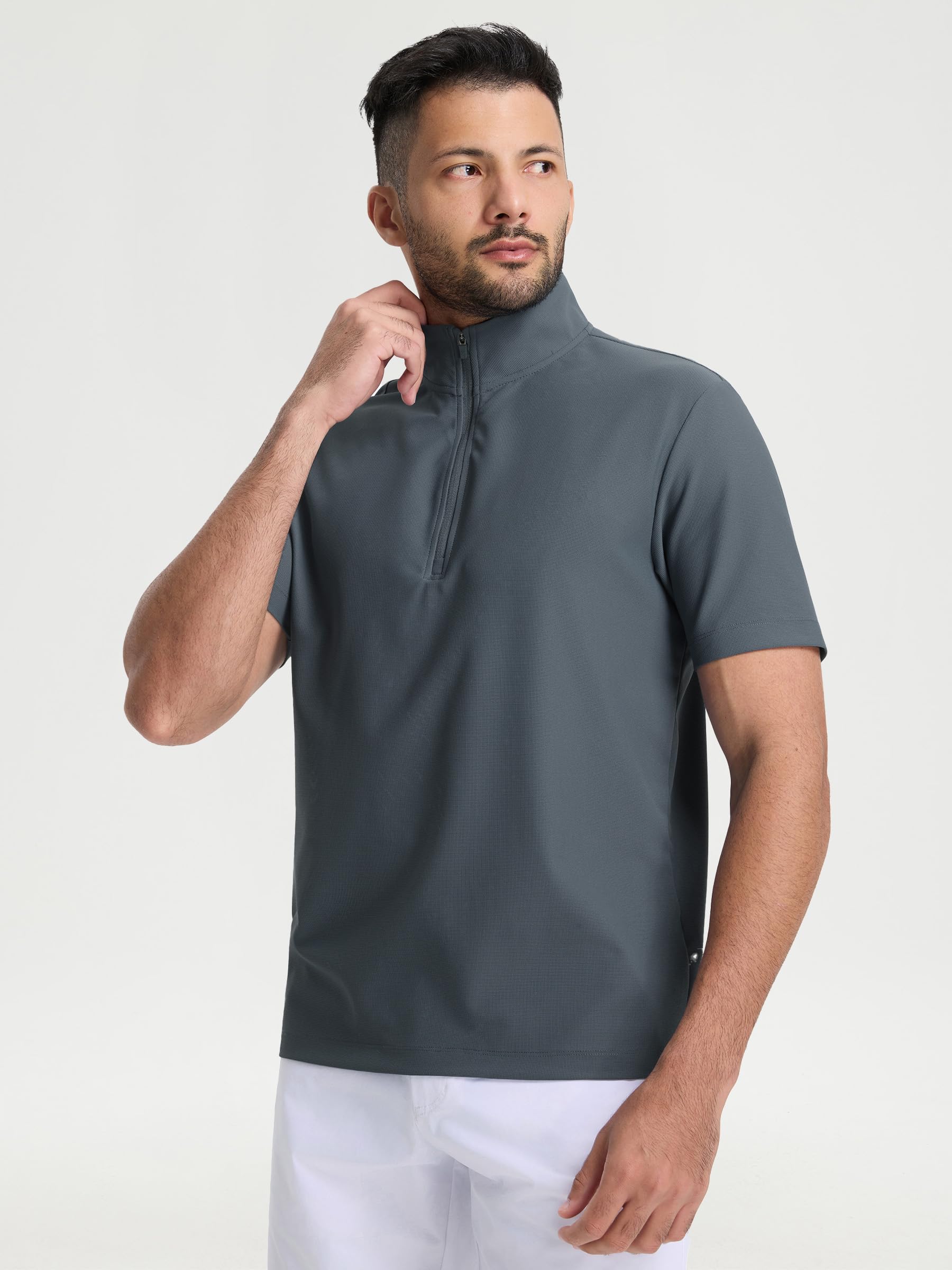 M MAELREG Golf Shirt for Men Zipper Waffle Texture Moisture Wicking Dry Fit Collared Lightweight Mens Polo Shirt Short Sleeve