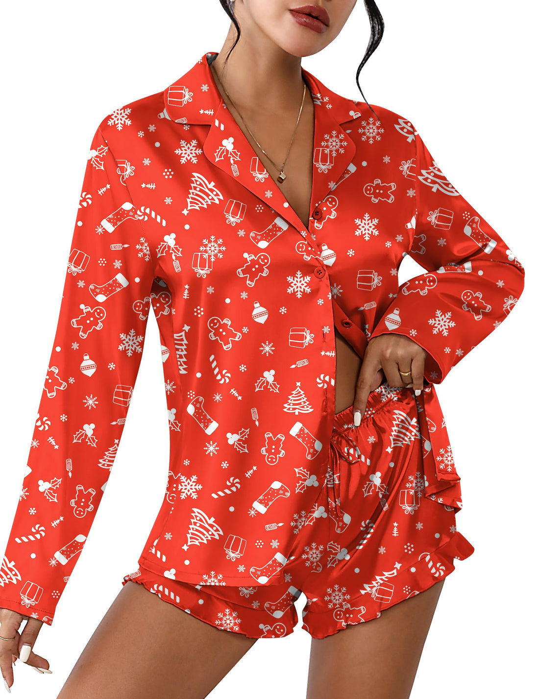 Ekouaer Womens Satin Pajama Sets Cute Button Down Silk Pjs with Ruffle