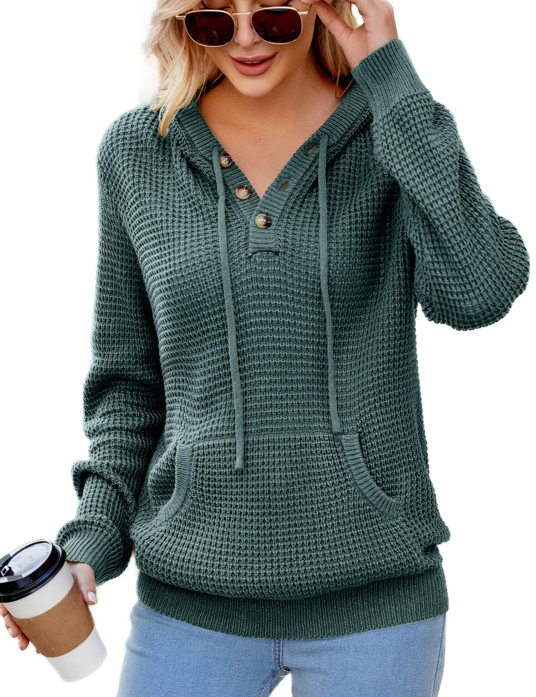 CiCiBird Women's Fall Hoodies Sweater V Neck Waffle Knit Top with Pocket | Loose Fit, V Neck Button, Adjustable Drawstring, Long Sleeve, Kangaroo Pocket, Weekend Errands, Daily Wear, Work Casual