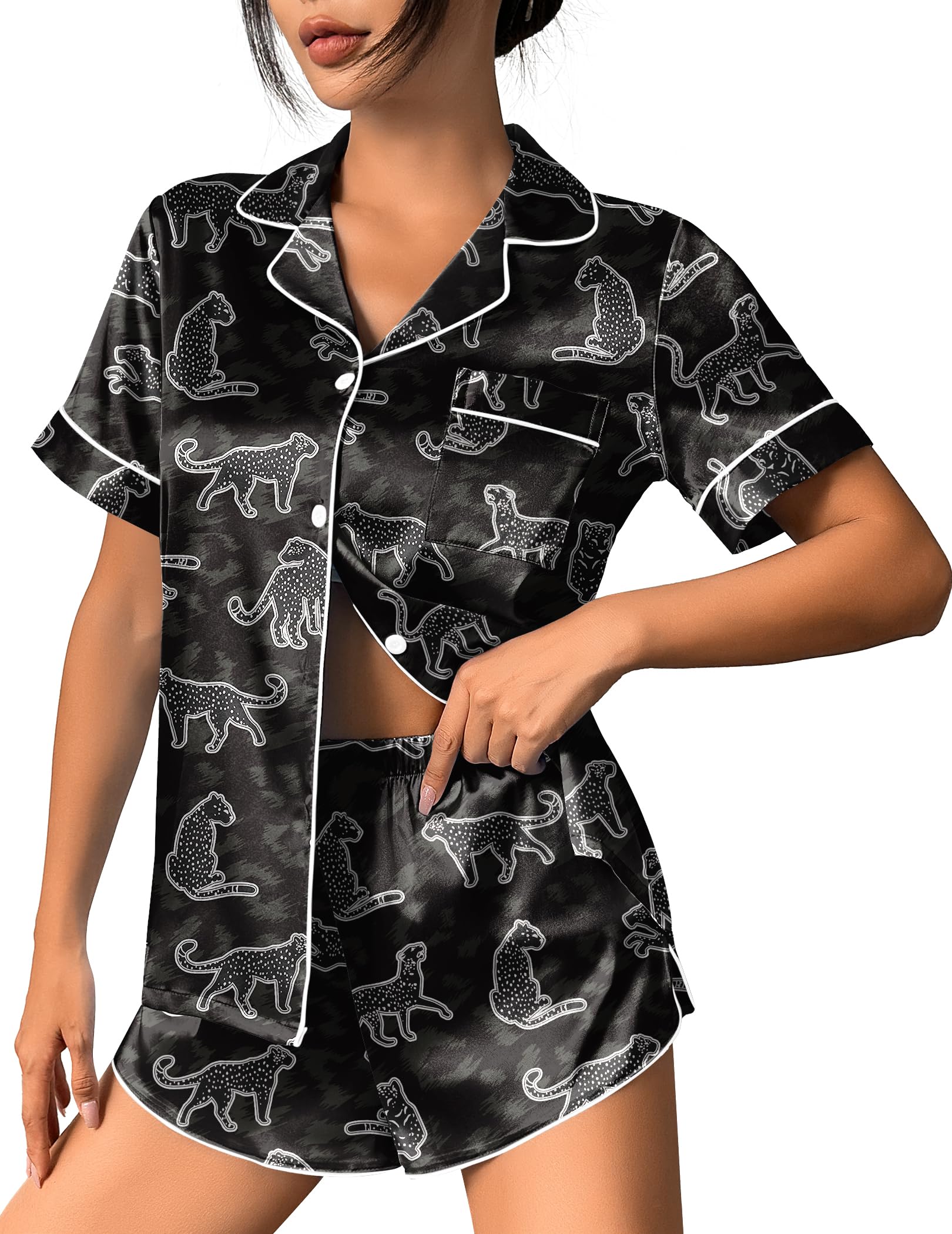 Ekouaer Womens Silk Satin Pajama Set Print Short Sleeve Sleepwear Button Down Pjs Shorts Set Loungewear