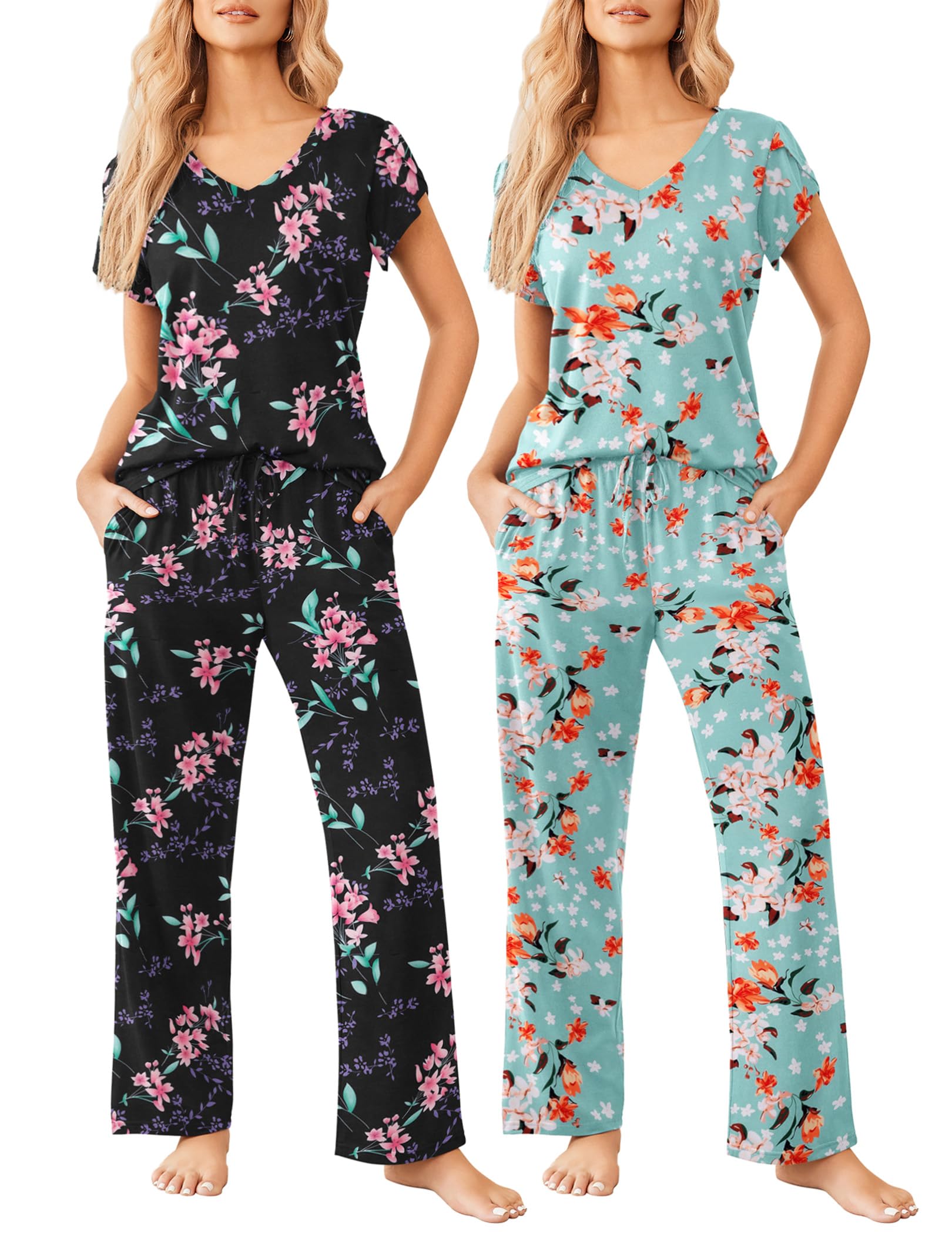 Ekouaer 2 Pack Womens Pajama Set Short Sleeve Sleepwear Soft Pjs Lounge Set