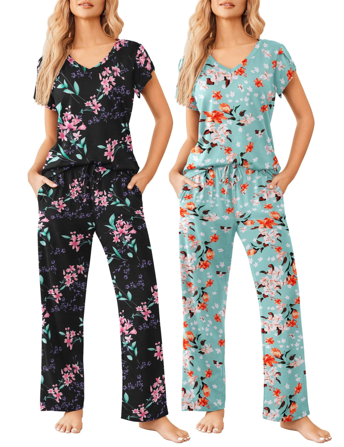 Ekouaer 2 Pack Womens Pajama Set Short Sleeve Sleepwear Soft Pjs Lounge Set