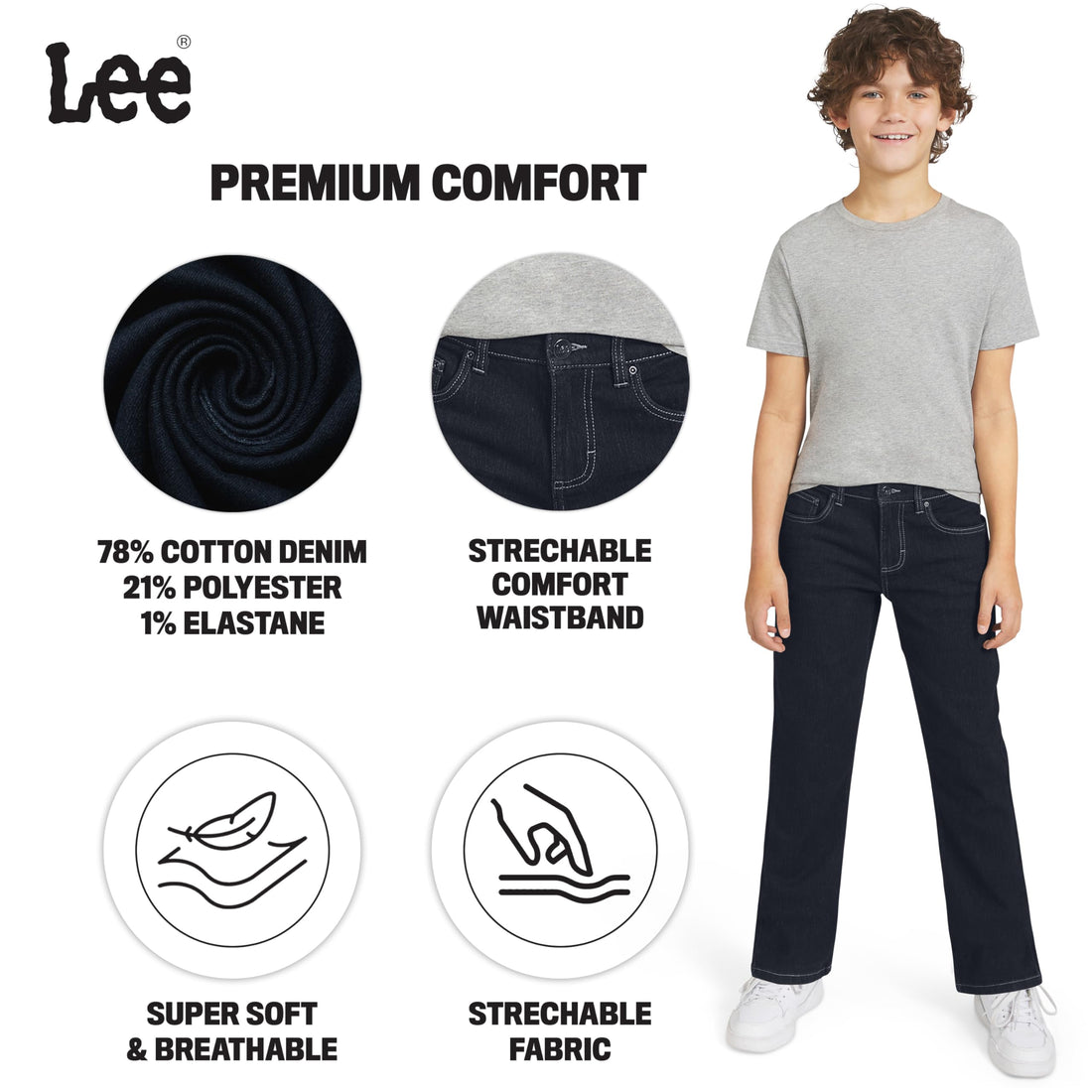 Lee Boys' 5 Pocket Loose Fit Stretch Waist Denim Jeans