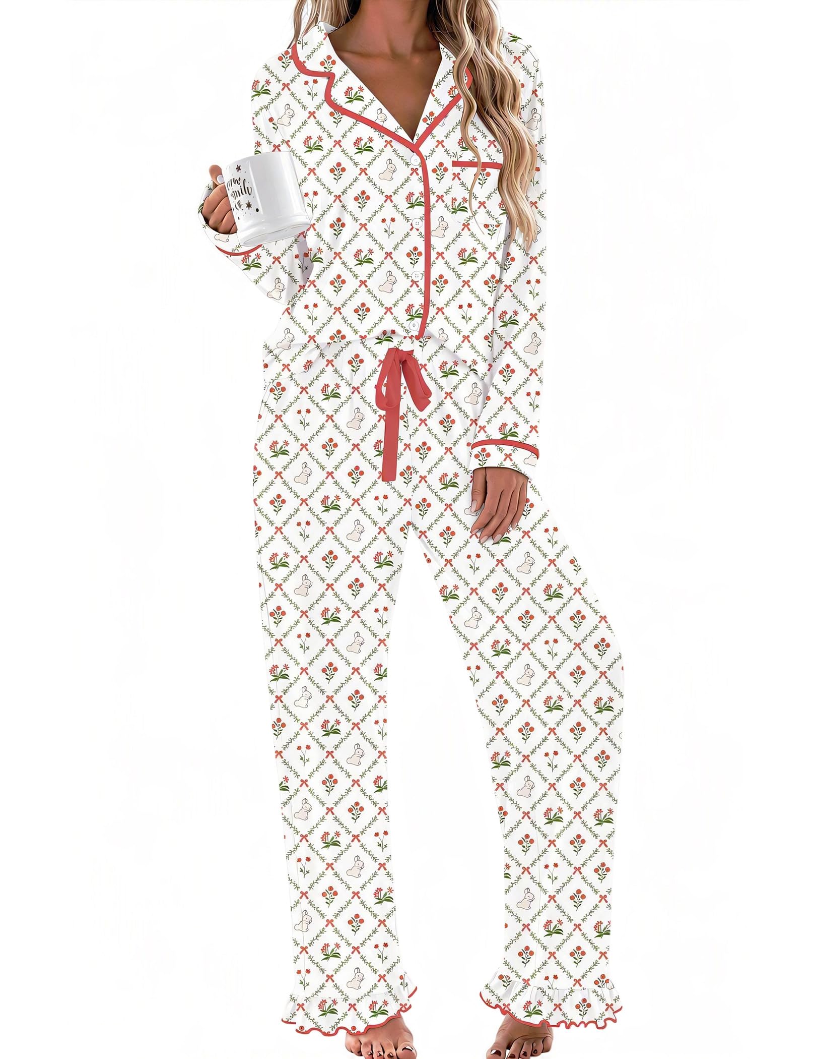 Ekouaer Womens Pajama Sets Long Sleeve Sleepwear Button Down Pjs Loungewear